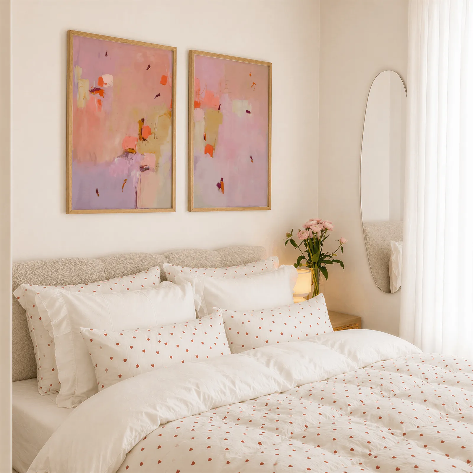 pink abstract wall art set of two, above a tufted headboard piled with heart-print pillows