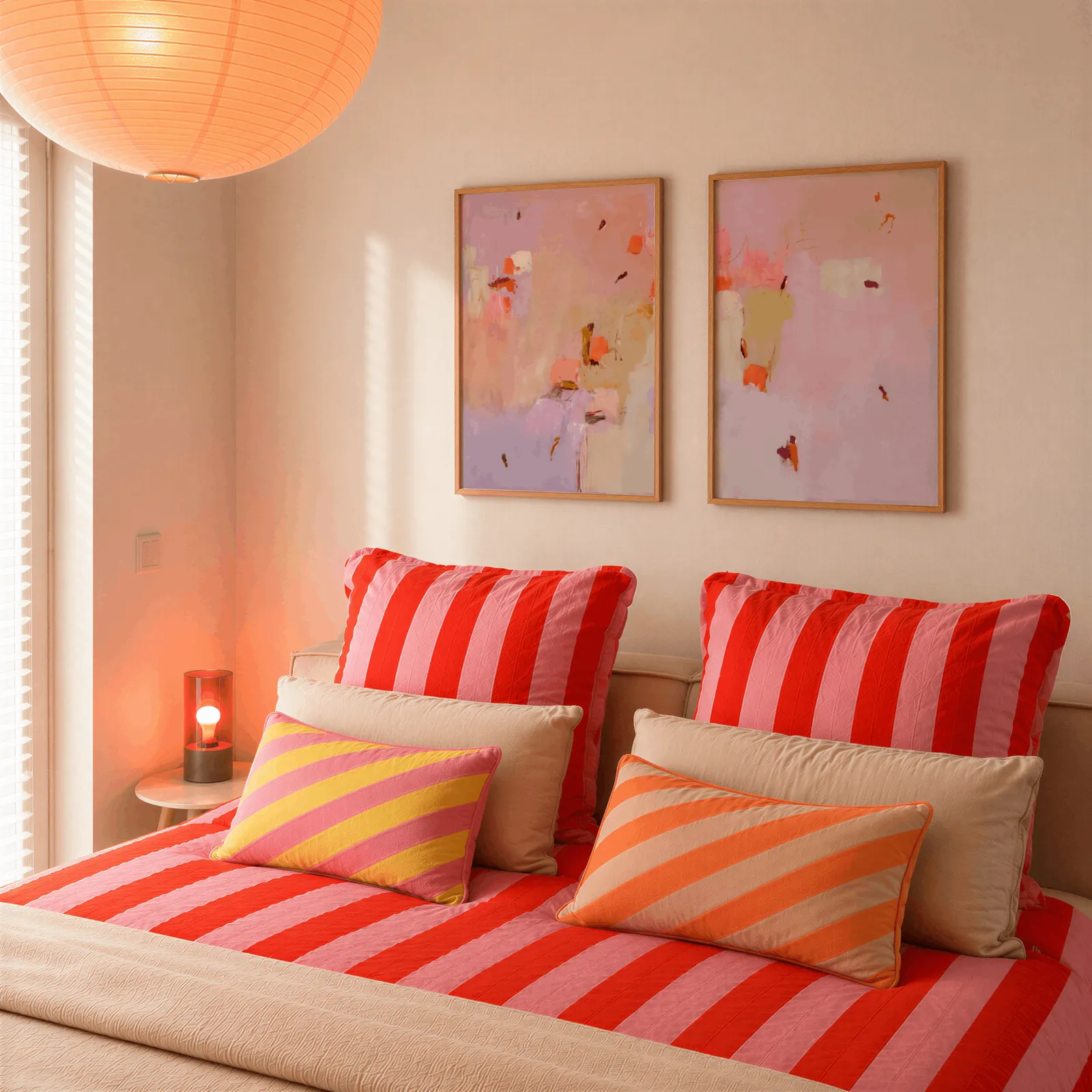 pink abstract wall art set of two, above a bed piled with red and pink striped pillows