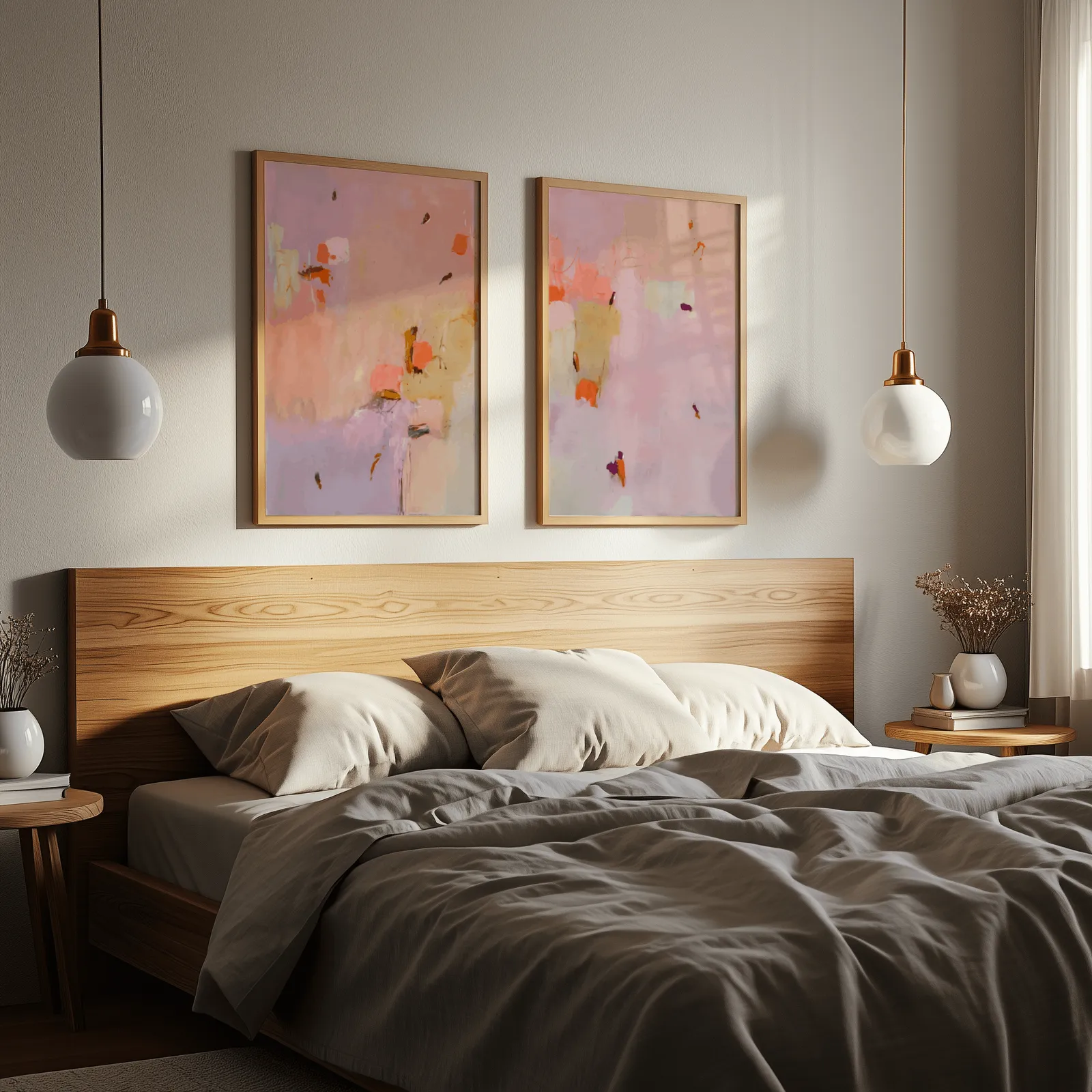 pink abstract wall art set of two, above a wooden headboard flanked by globe pendant lights