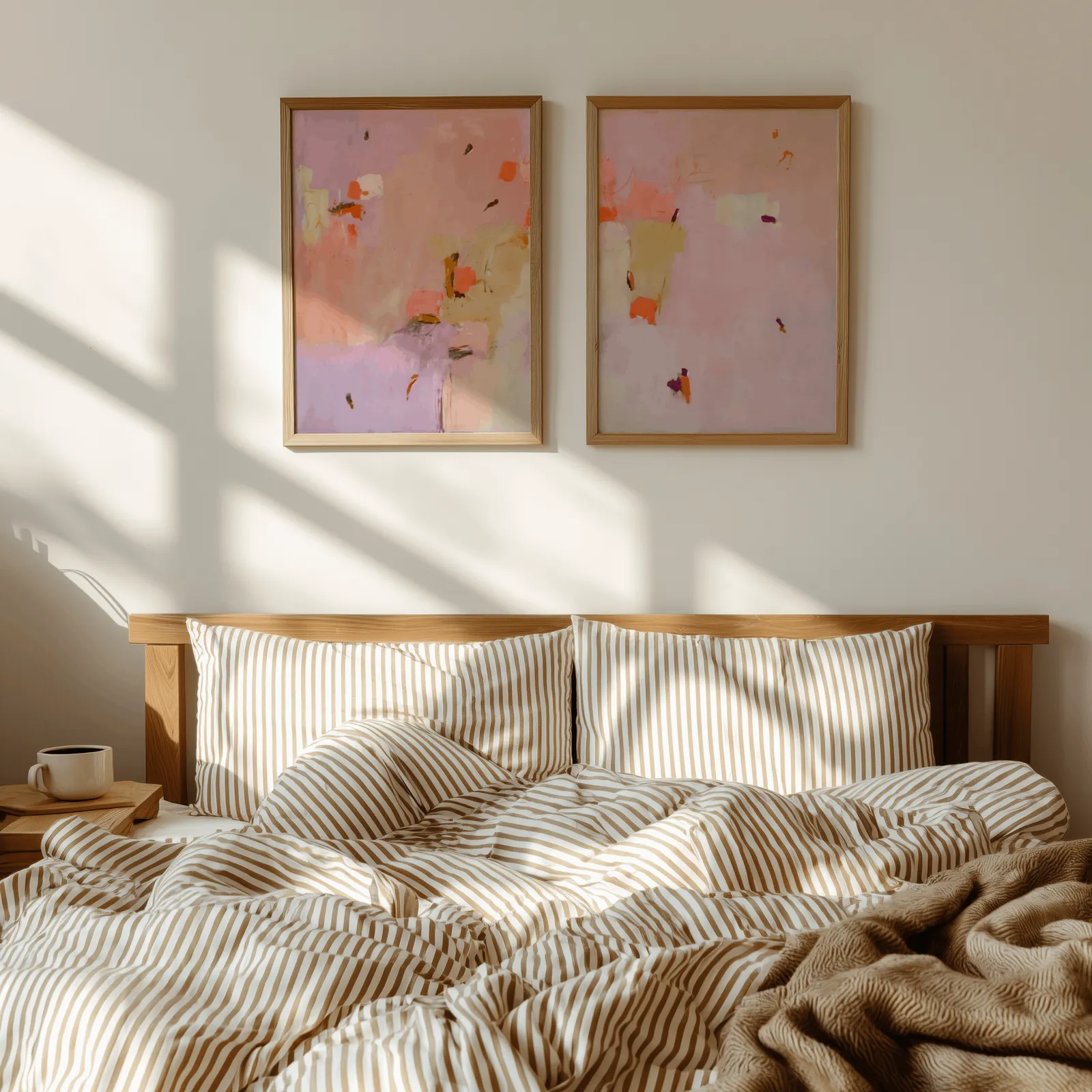 pink abstract wall art set of two, above a wooden headboard with striped bedding and raking sunlight