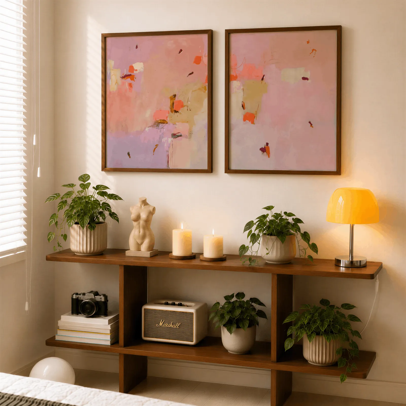 pink abstract wall art set of two, above a wooden console shelf with potted plants and a yellow lamp
