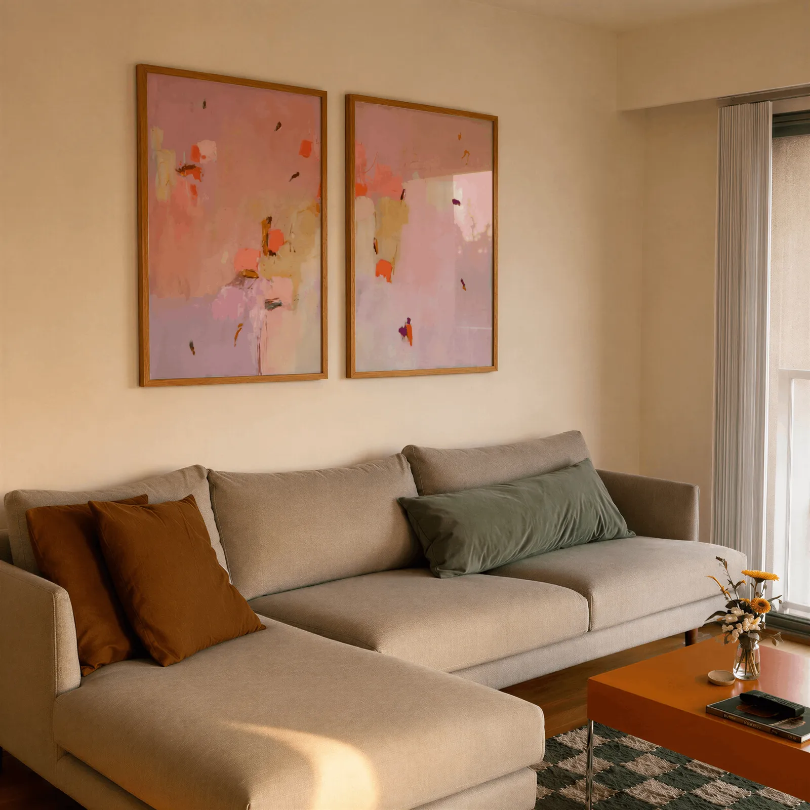 pink abstract wall art set of two, side by side above a beige sectional sofa