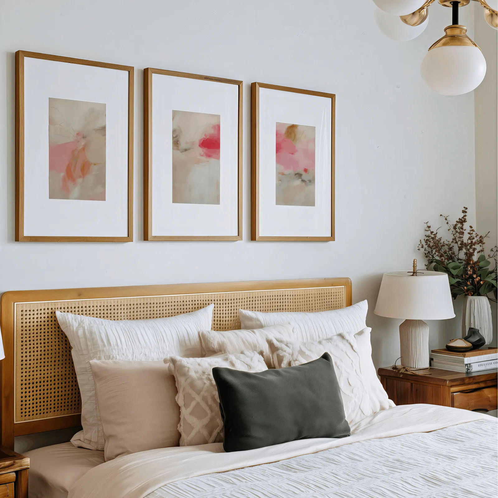 pink abstract set of 3 wall art, above a rattan headboard piled with pillows