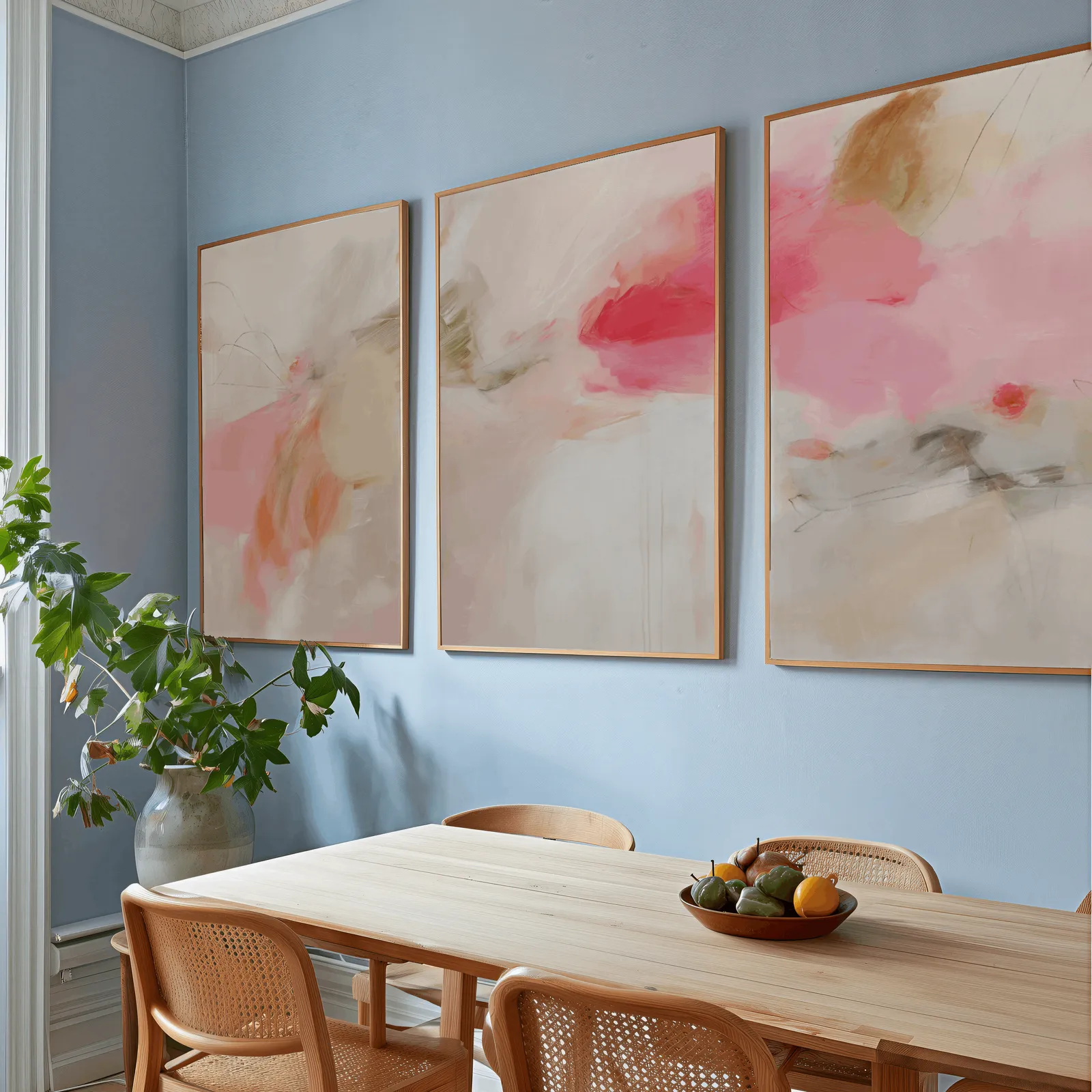 pink abstract set of 3 wall art, above a wooden dining table with cane chairs and a fruit bowl