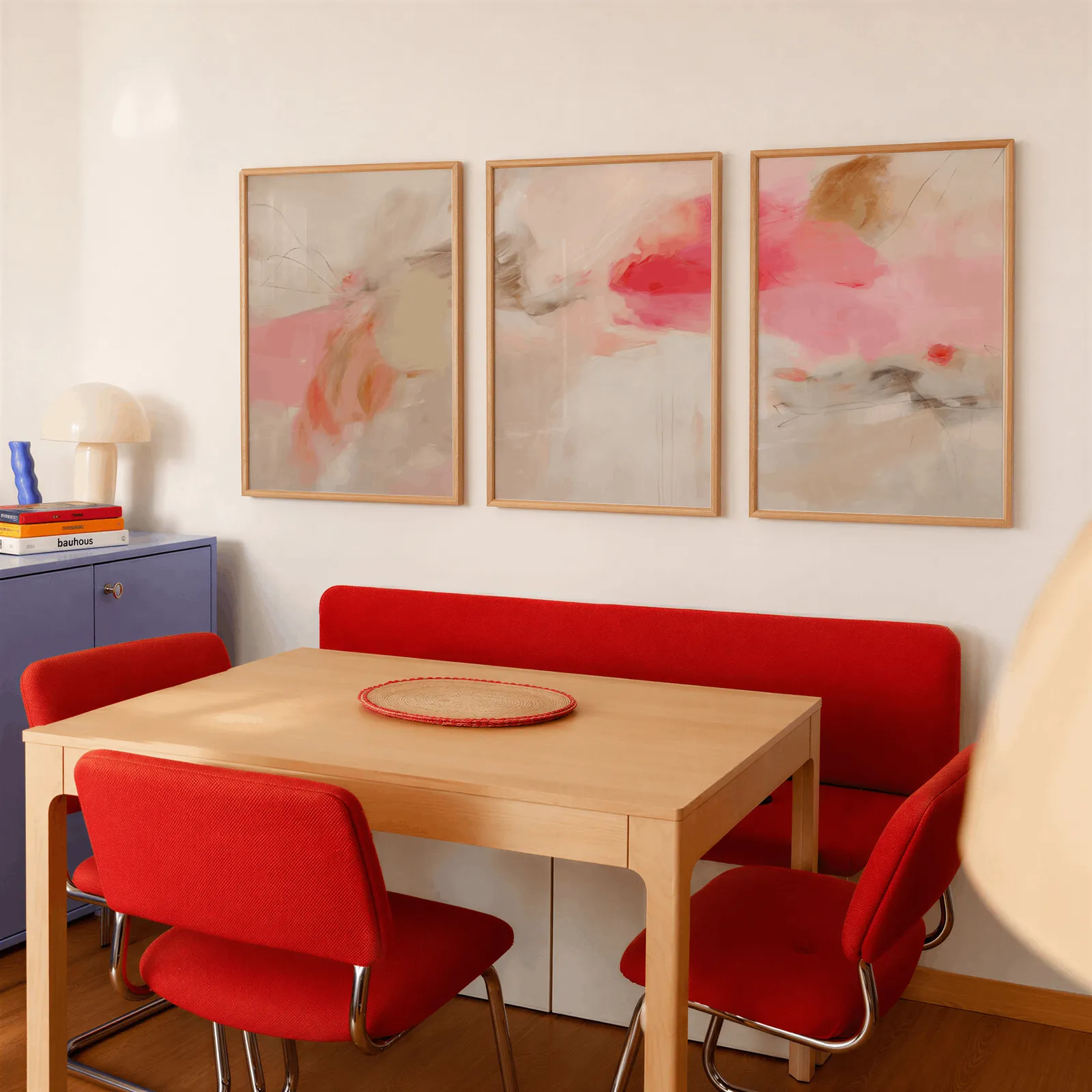 pink abstract set of 3 wall art, above a red banquette bench beside a lavender cabinet