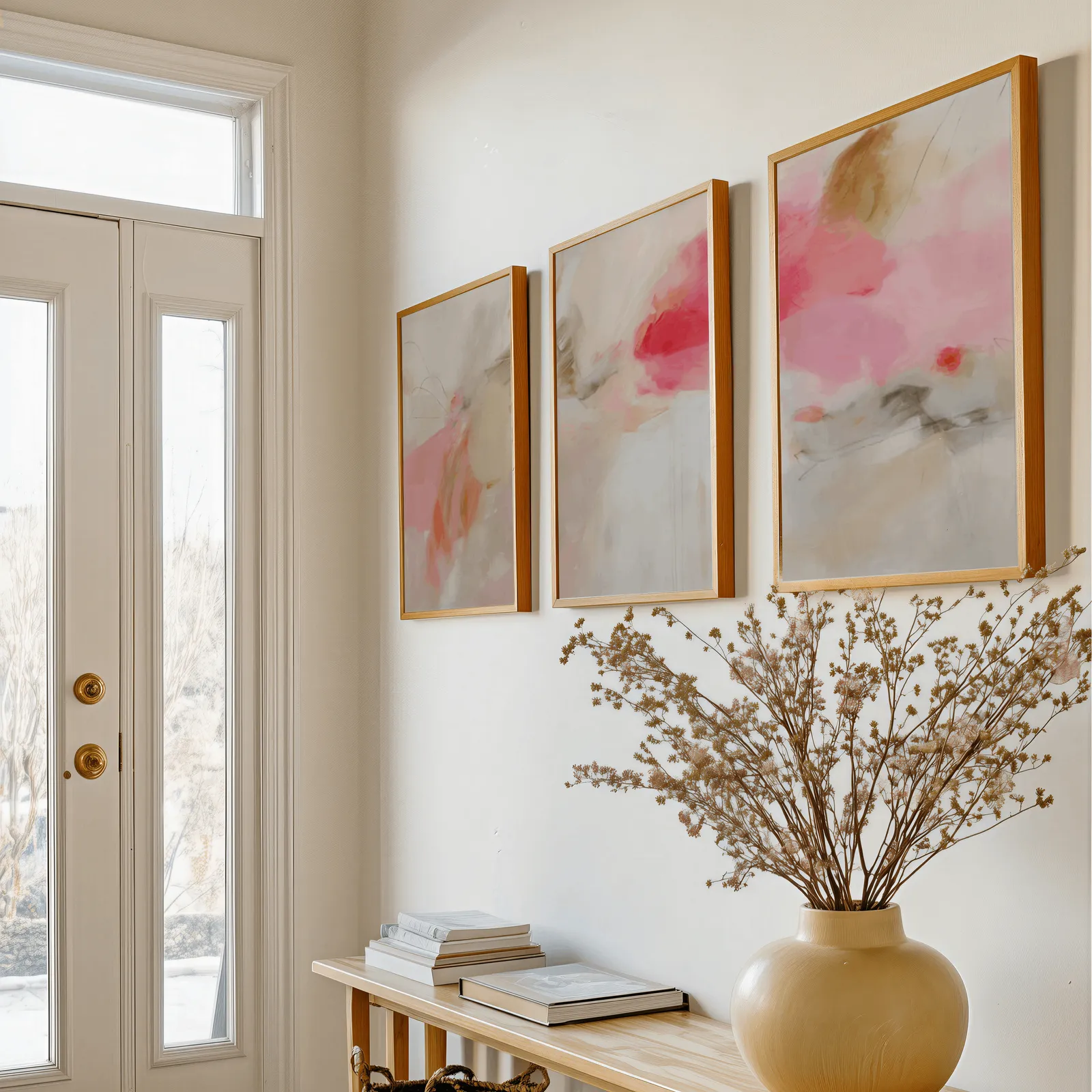 pink abstract set of 3 wall art, above a console table with a yellow vase of dried branches