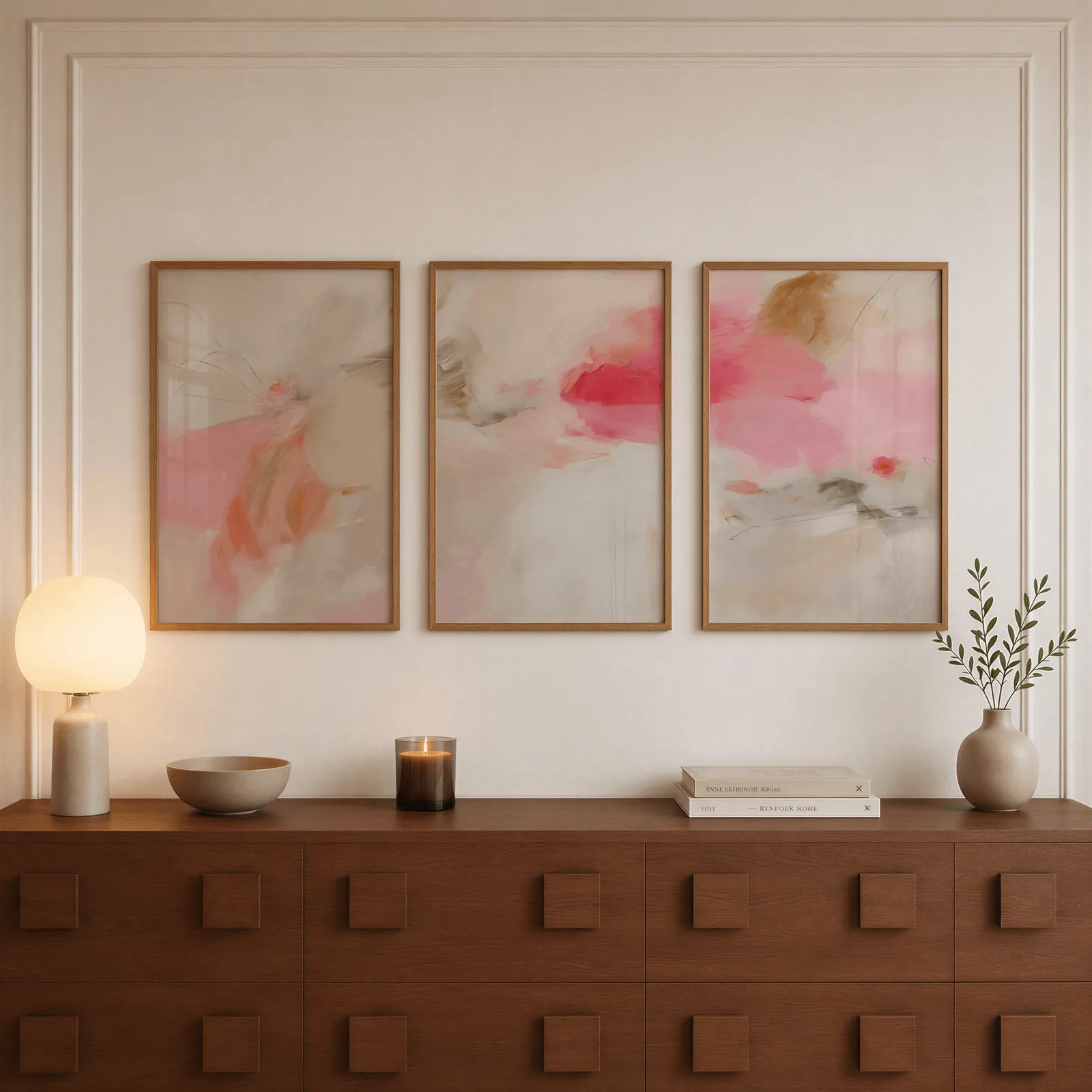 pink abstract set of 3 wall art, above a walnut sideboard with a lit candle and glowing lamp
