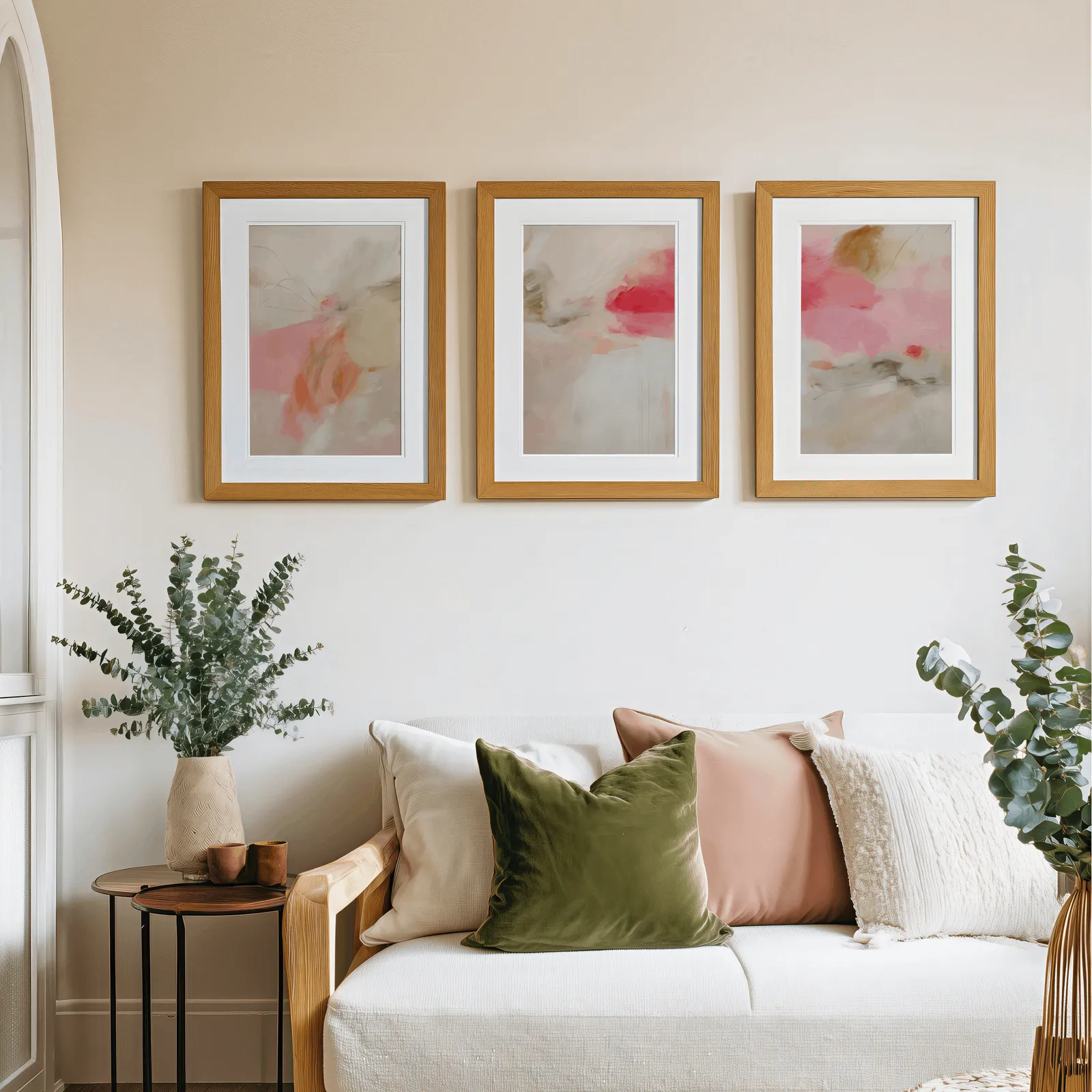 pink abstract set of 3 wall art, above a cream sofa piled with olive and blush pillows