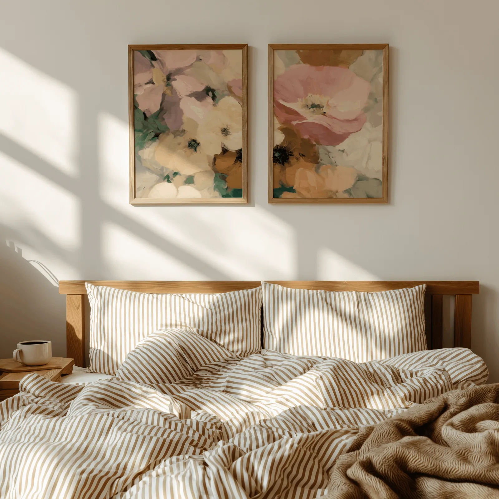 pink floral wall art set of two, above a wooden headboard with striped bedding and raking sunlight