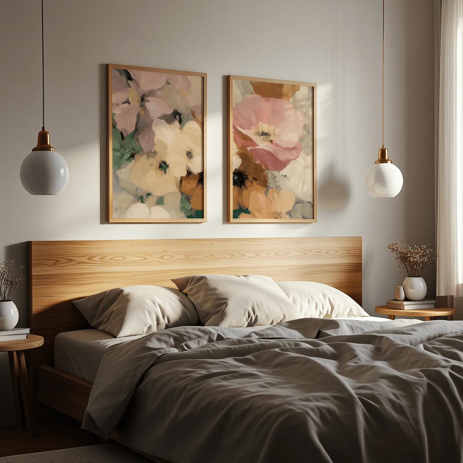 pink floral wall art set of two, above a wooden headboard flanked by globe pendant lights