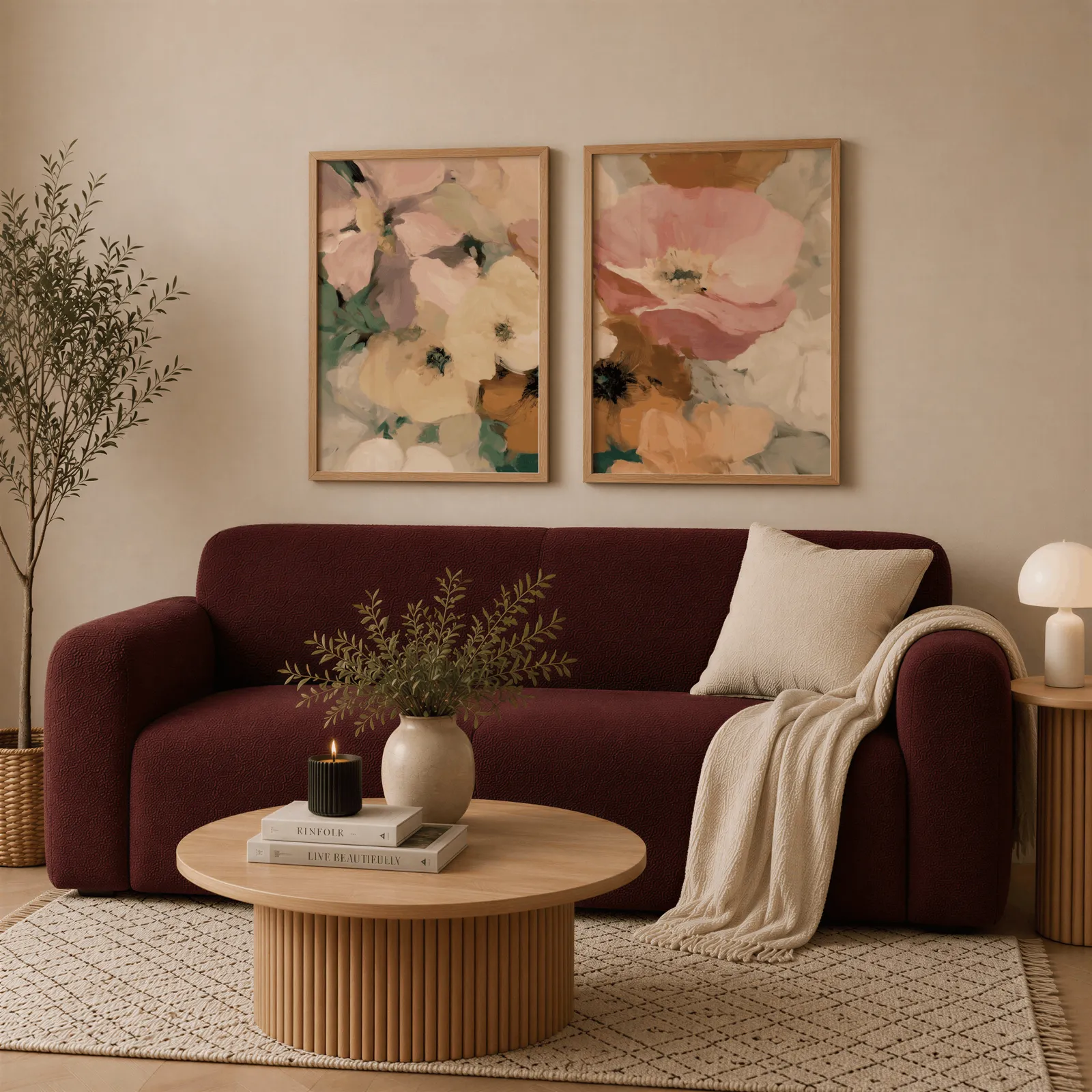 pink floral wall art set of two, above a deep burgundy boucle sofa with cream throw