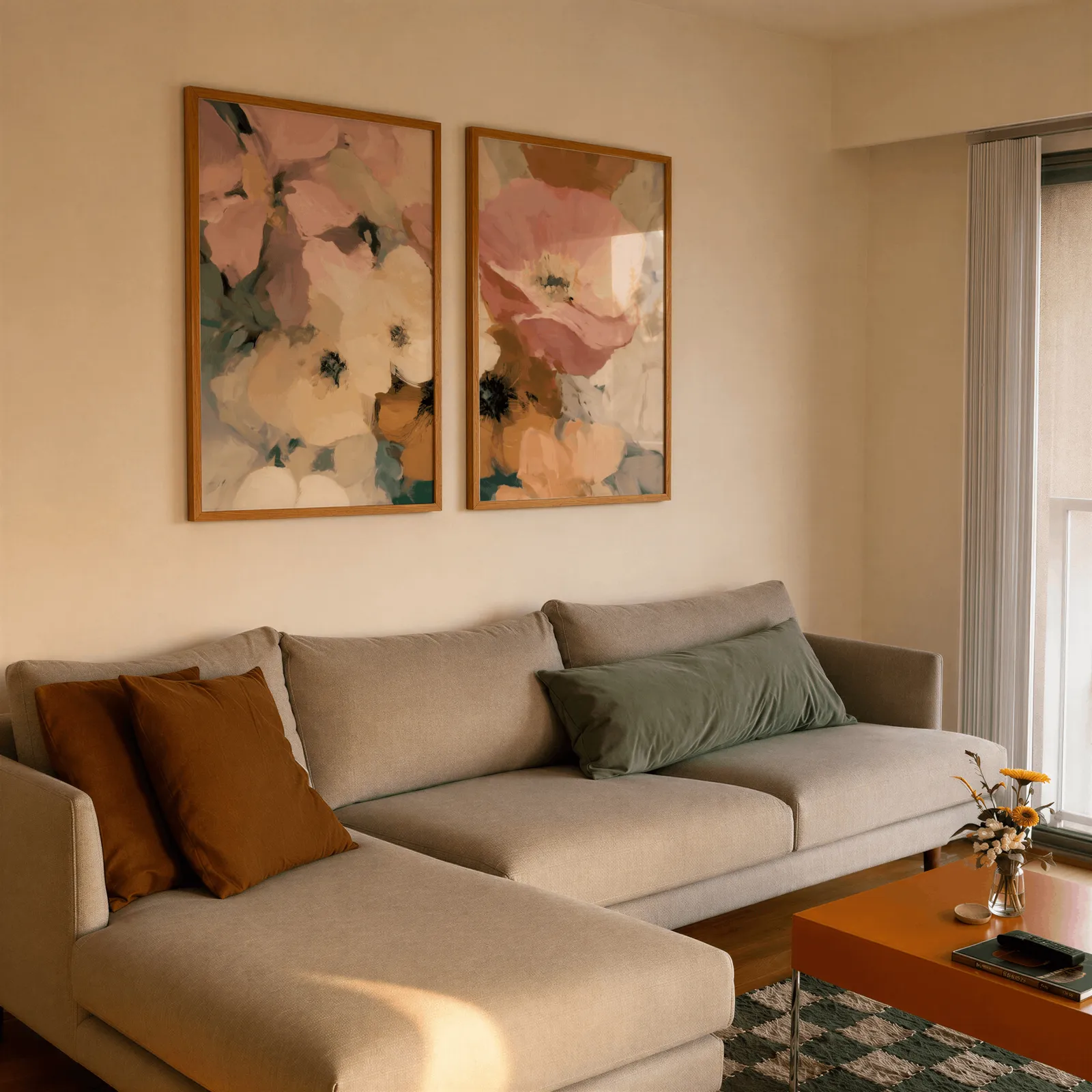 pink floral wall art set of two, side by side above a beige sectional sofa