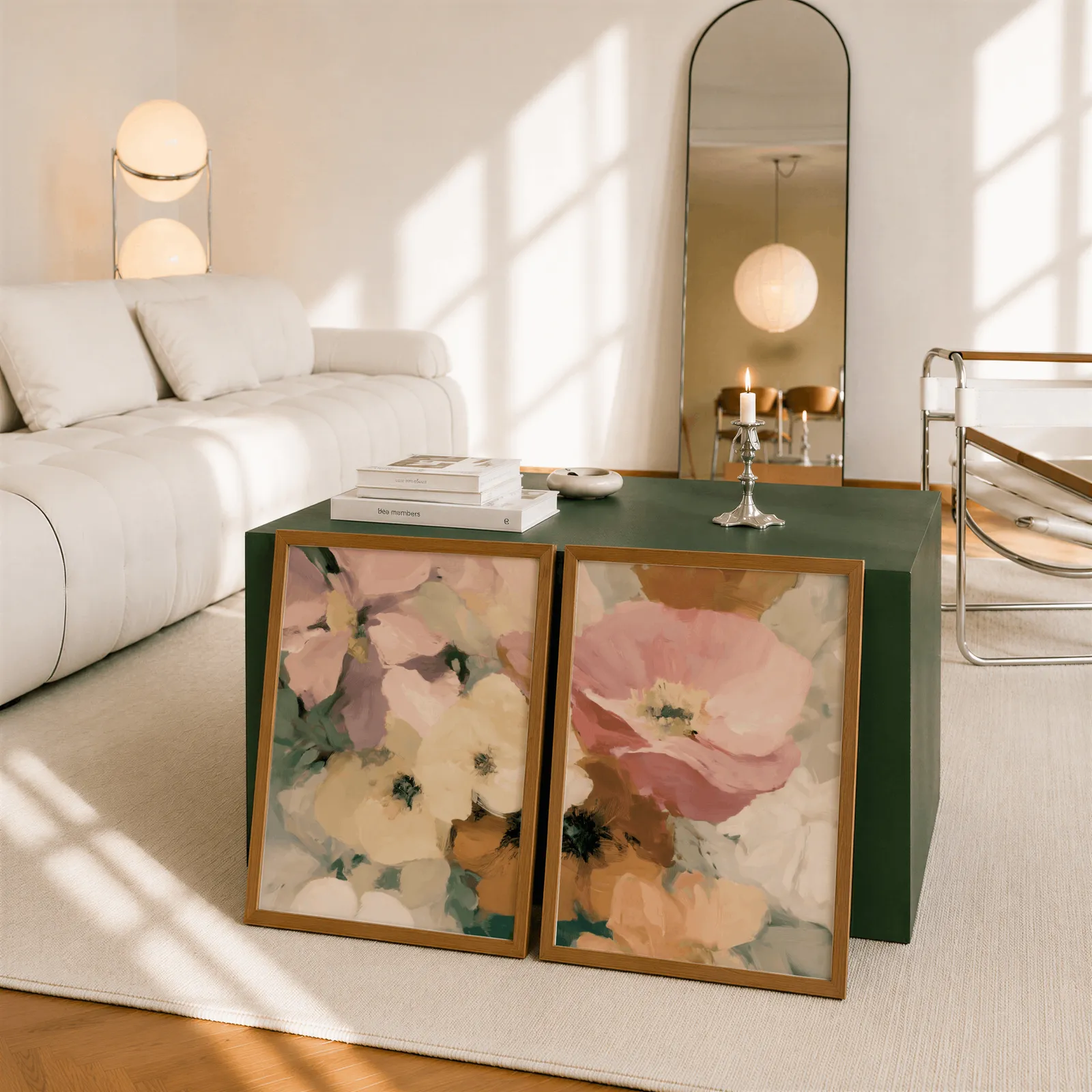pink floral wall art set of two, leaning against a dark green cube table beside an arched mirror