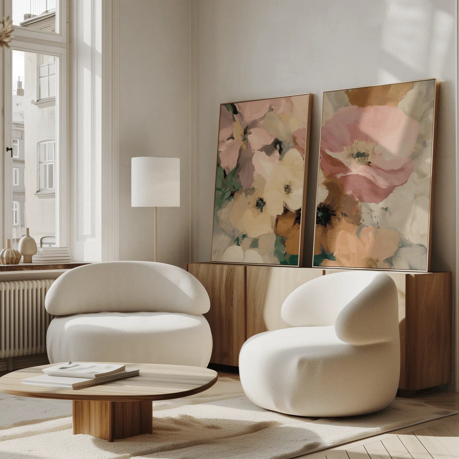 pink floral wall art set of two, propped against a wooden sideboard beside boucle armchairs
