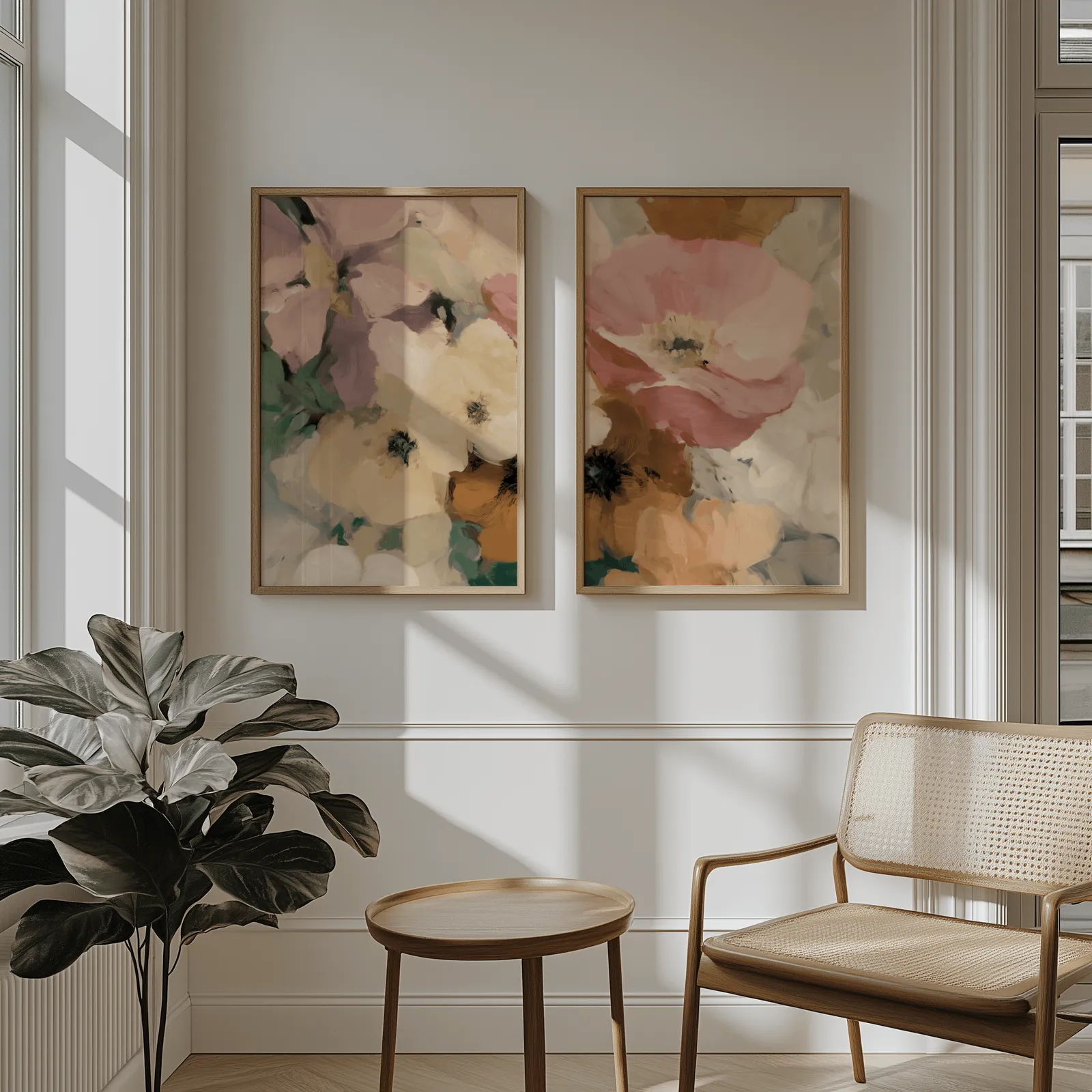 pink floral wall art set of two, above wainscoting beside a cane armchair and fiddle-leaf fig