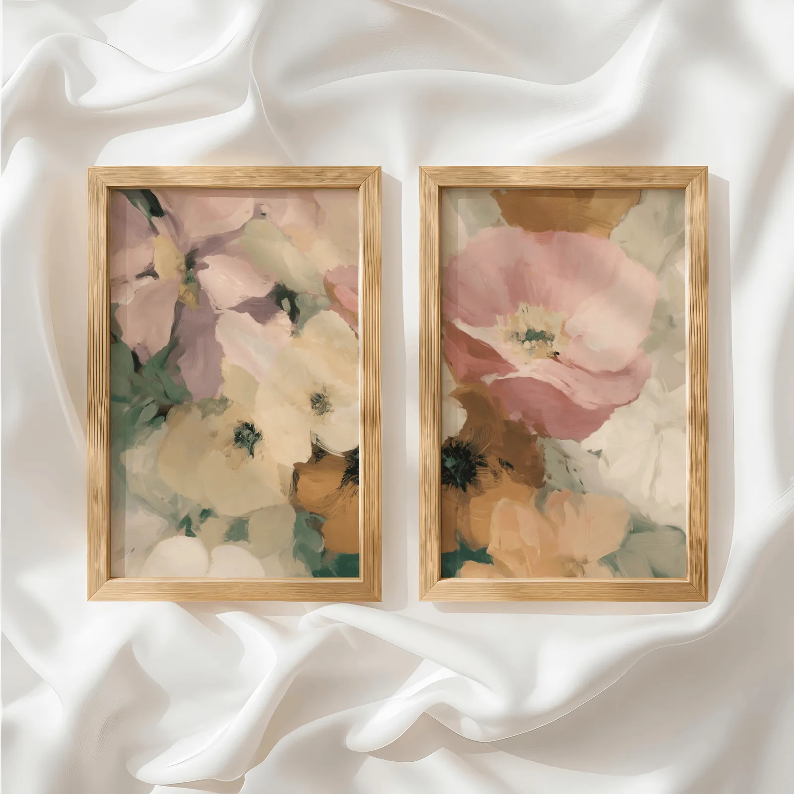pink floral wall art set of two, side by side atop rumpled white silky fabric