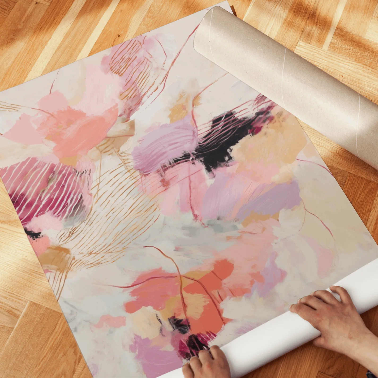 pink and orange abstract wall art set, unrolled across a herringbone parquet floor by hand