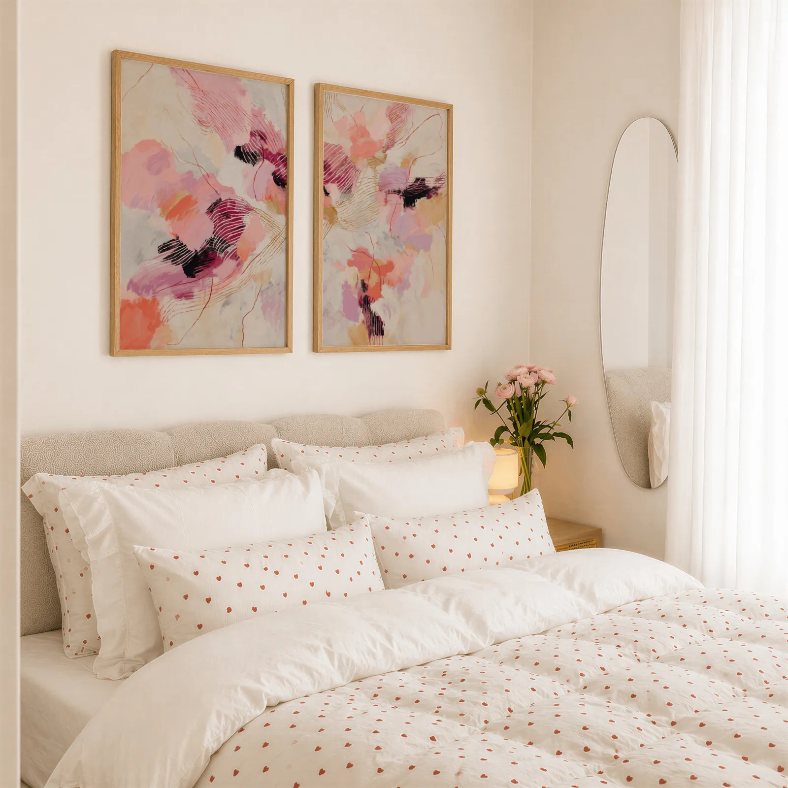 pink and orange abstract wall art set, above a tufted headboard piled with heart-print pillows