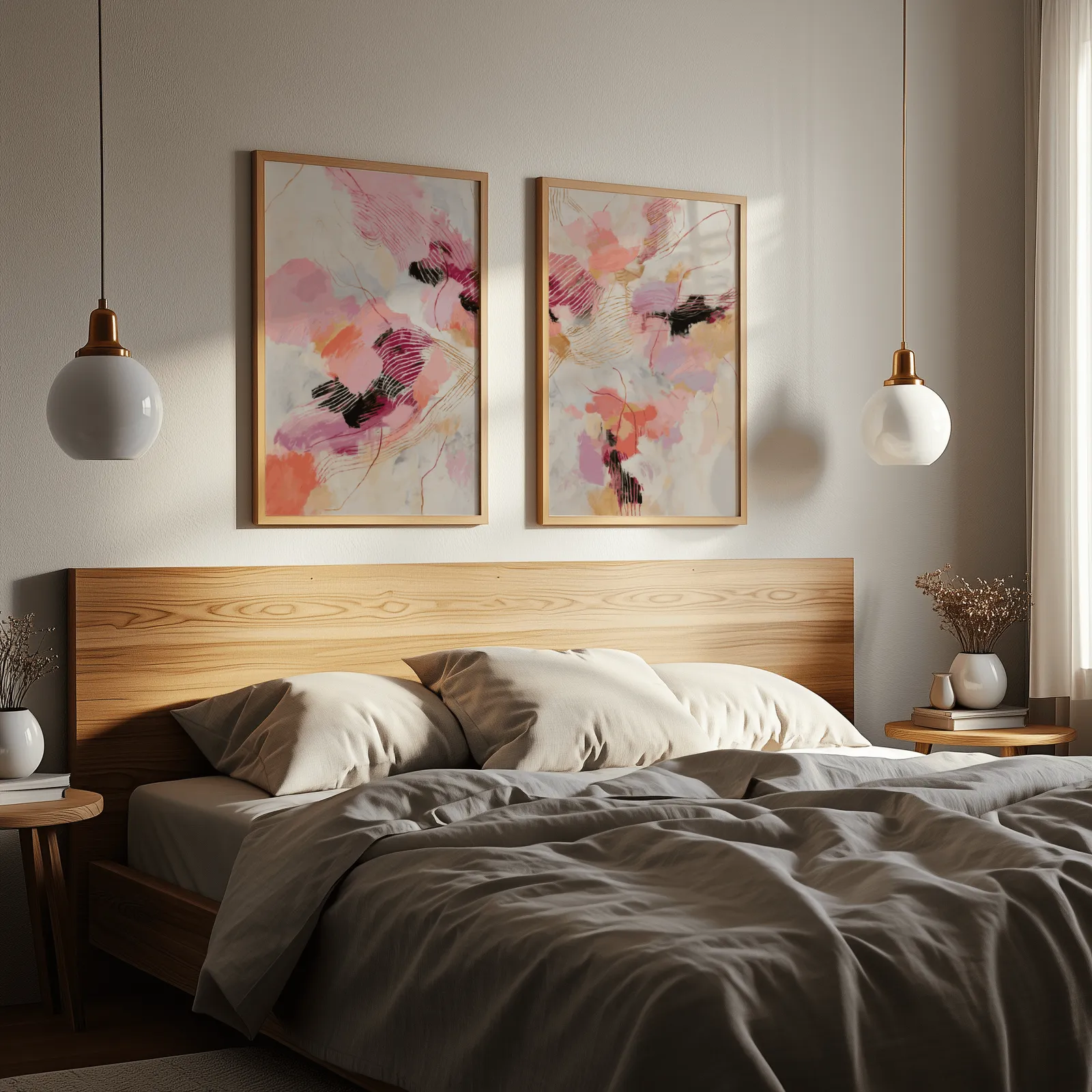 pink and orange abstract wall art set, above a wooden headboard flanked by globe pendant lights