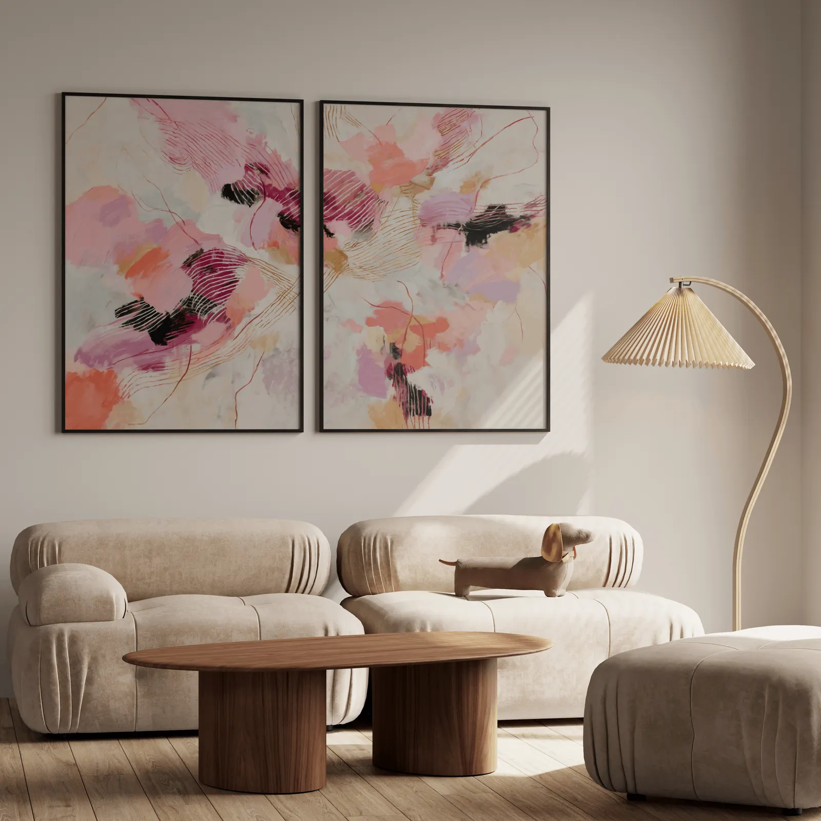 pink and orange abstract wall art set, above a plush beige sofa with a pleated lamp nearby