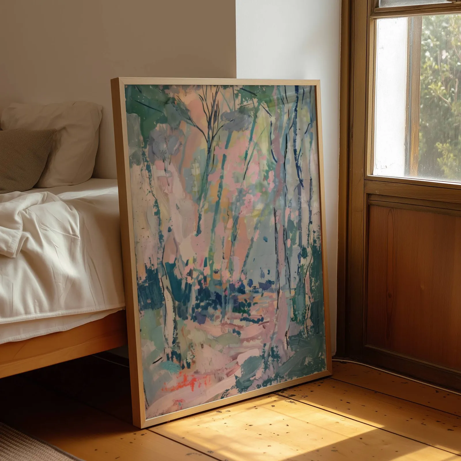 pink and green abstract forest wall art, leaning by a sunlit window beside an unmade bed