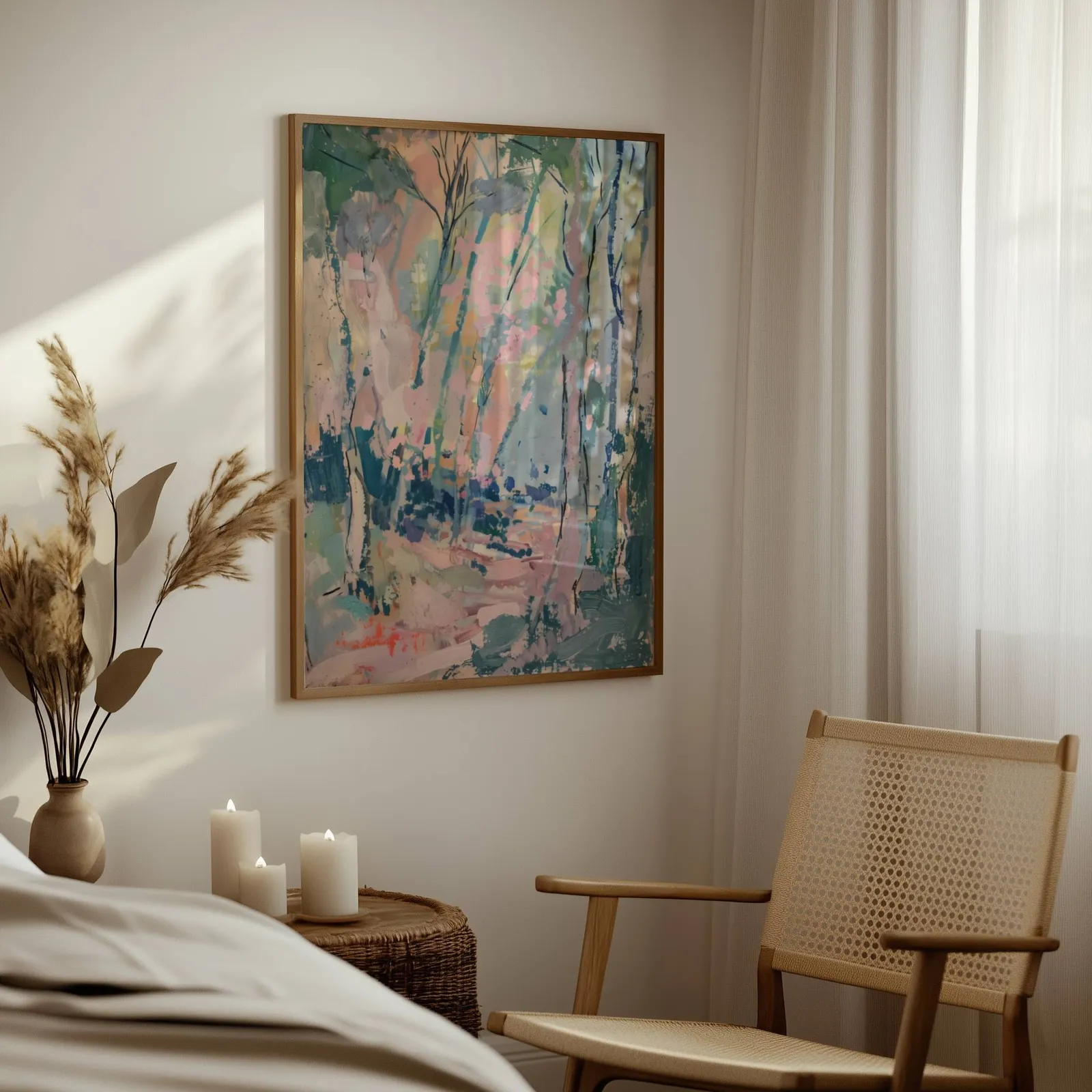 pink and green abstract forest wall art, above a woven side table with lit candles and pampas grass