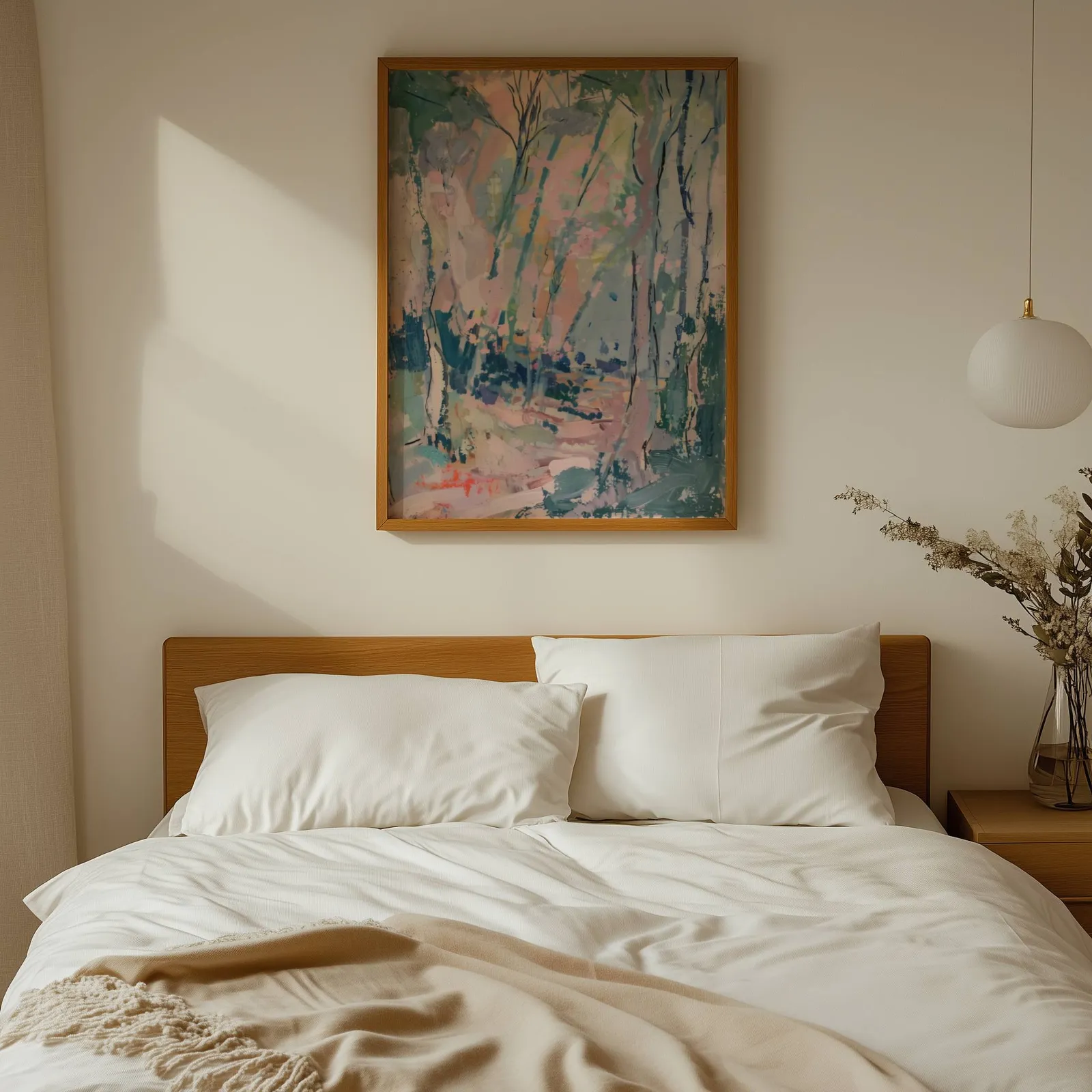 pink and green abstract forest wall art, above a wooden headboard with white linen pillows