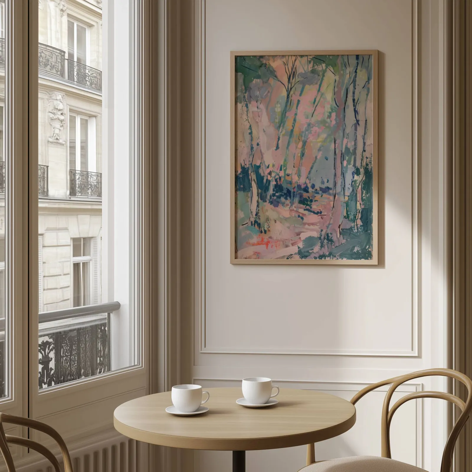 pink and green abstract forest wall art, above a round café table set with two coffee cups