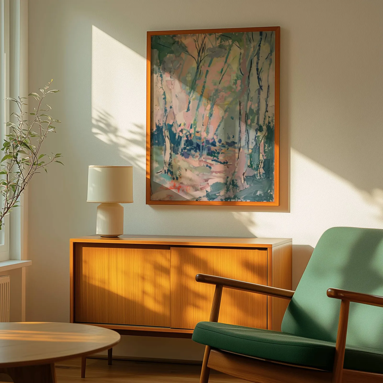 pink and green abstract forest wall art, above a wooden sideboard with a ceramic lamp and dappled sunlight