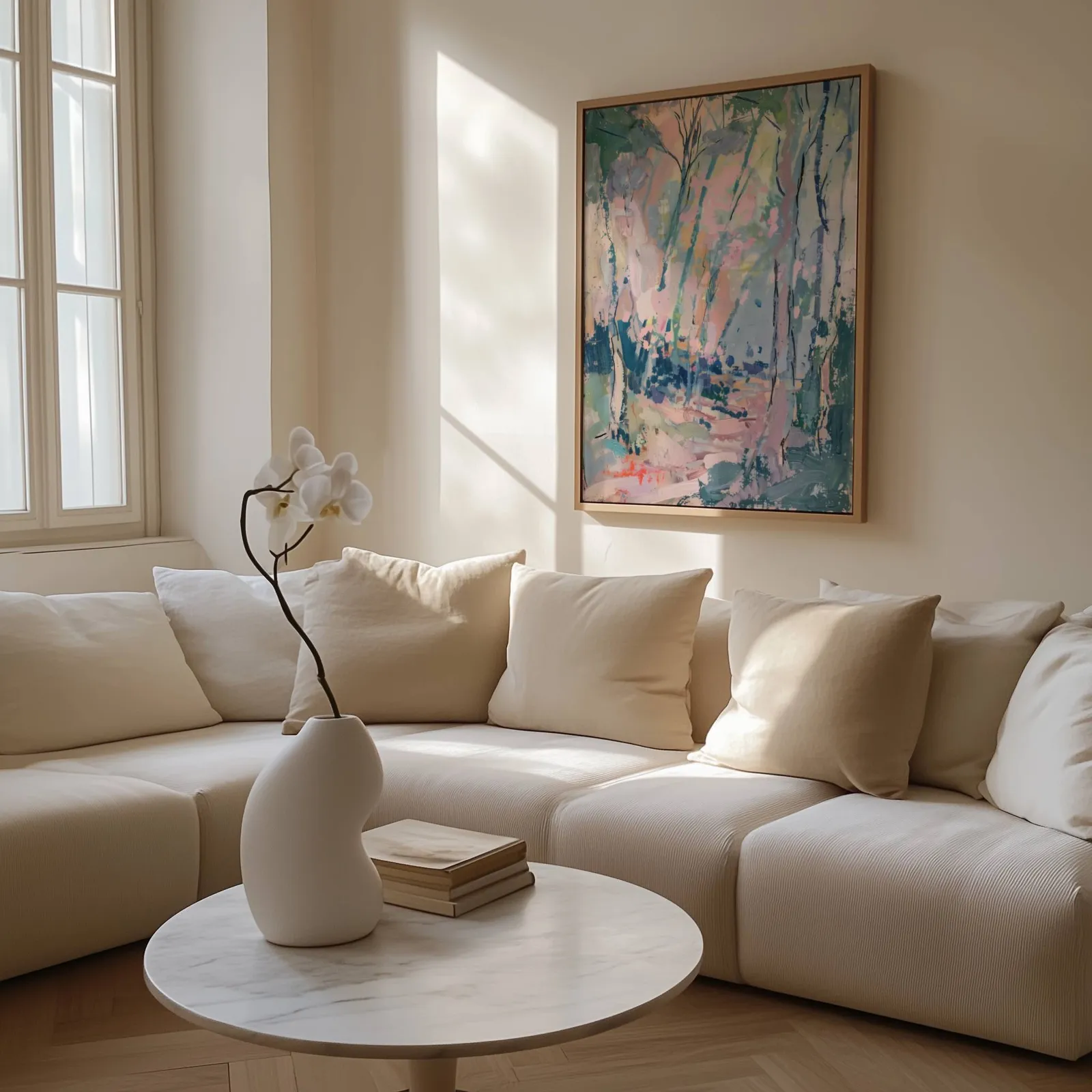pink and green abstract forest wall art, above a cream sectional beside a tall sunlit window