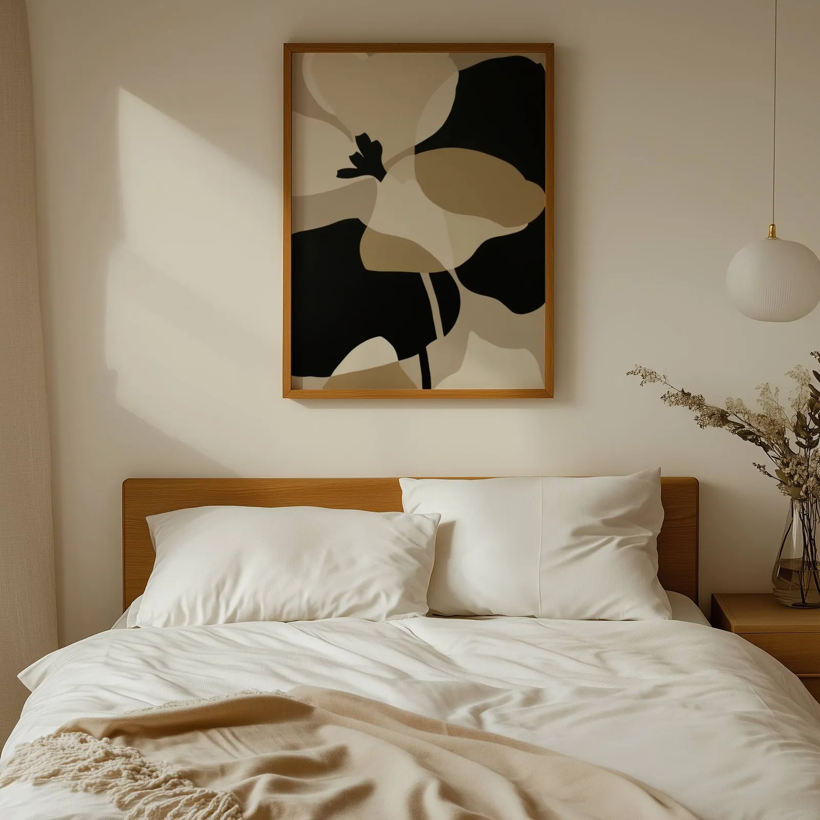 black and beige abstract botanical wall art, above a wooden headboard with white linen pillows