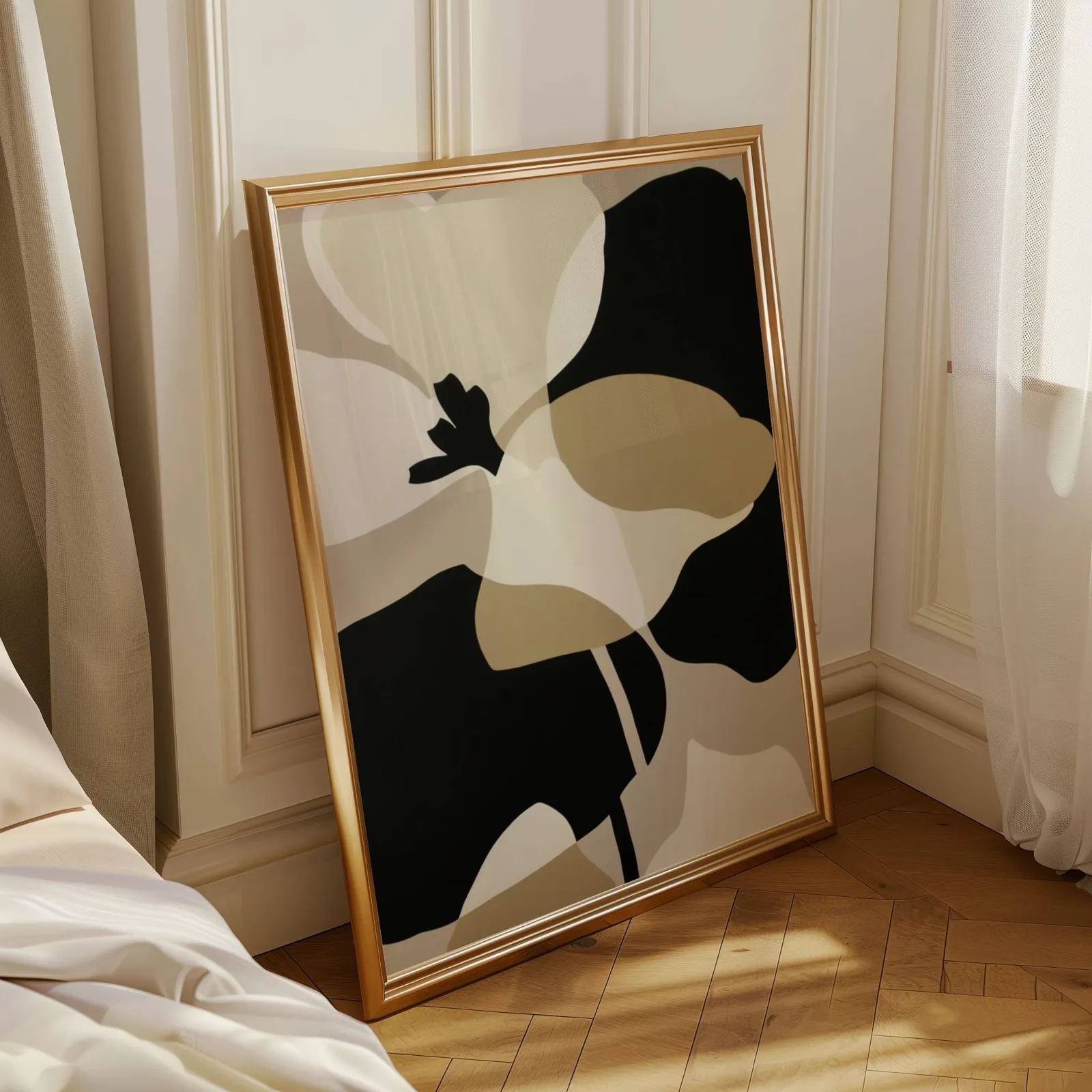 black and beige abstract botanical wall art, leaning in a sunlit corner beside sheer curtains and herringbone floor