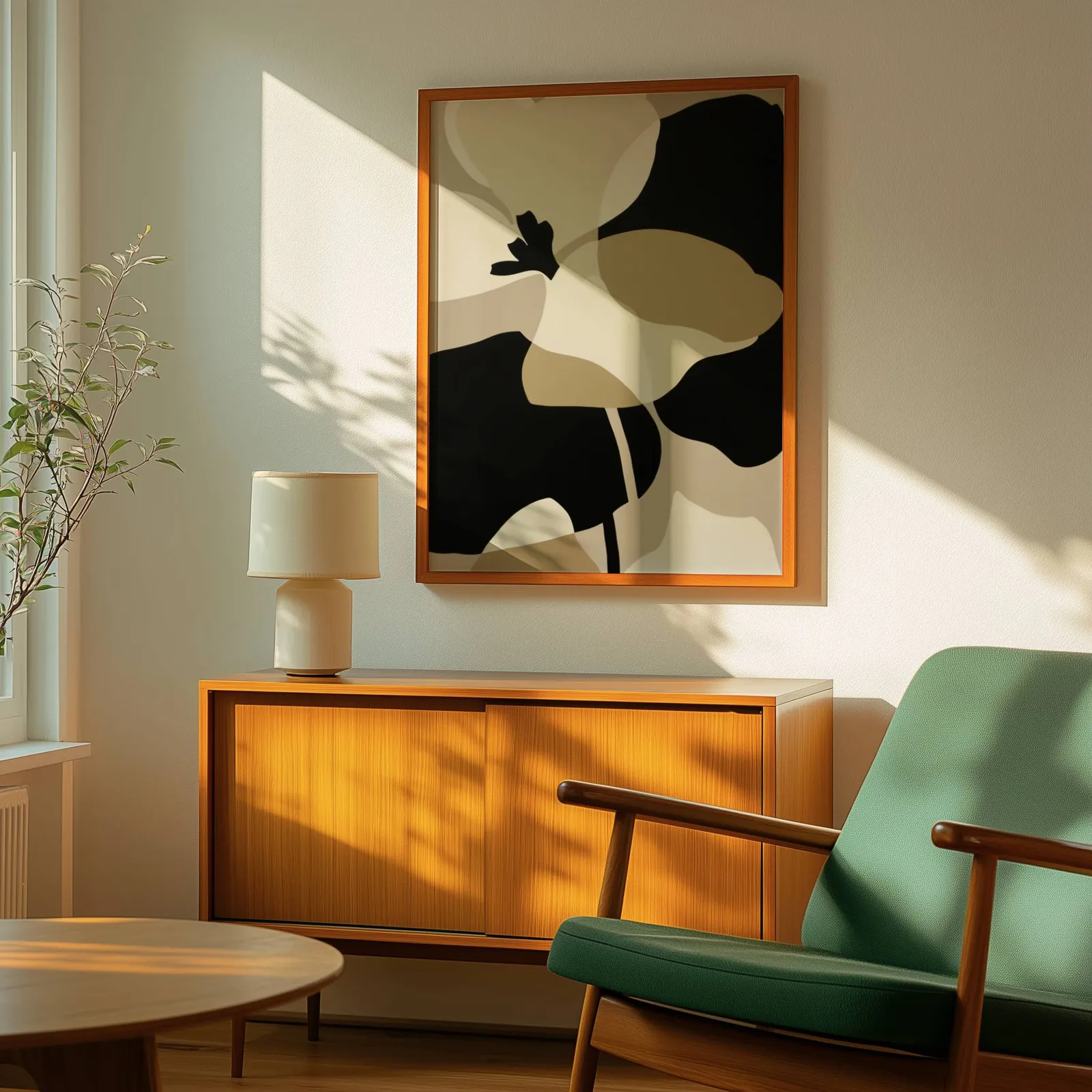 black and beige abstract botanical wall art, above a wooden sideboard with a ceramic lamp and dappled sunlight