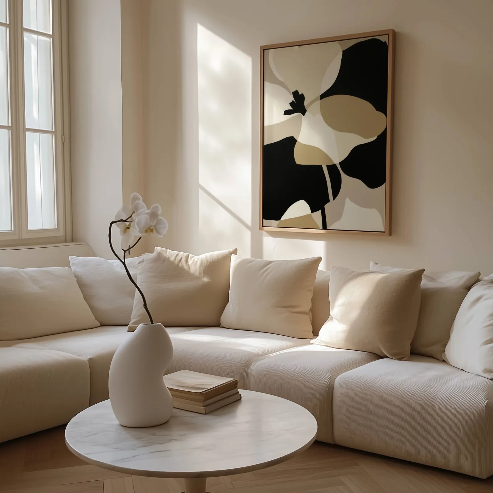 black and beige abstract botanical wall art, above a cream sectional beside a tall sunlit window