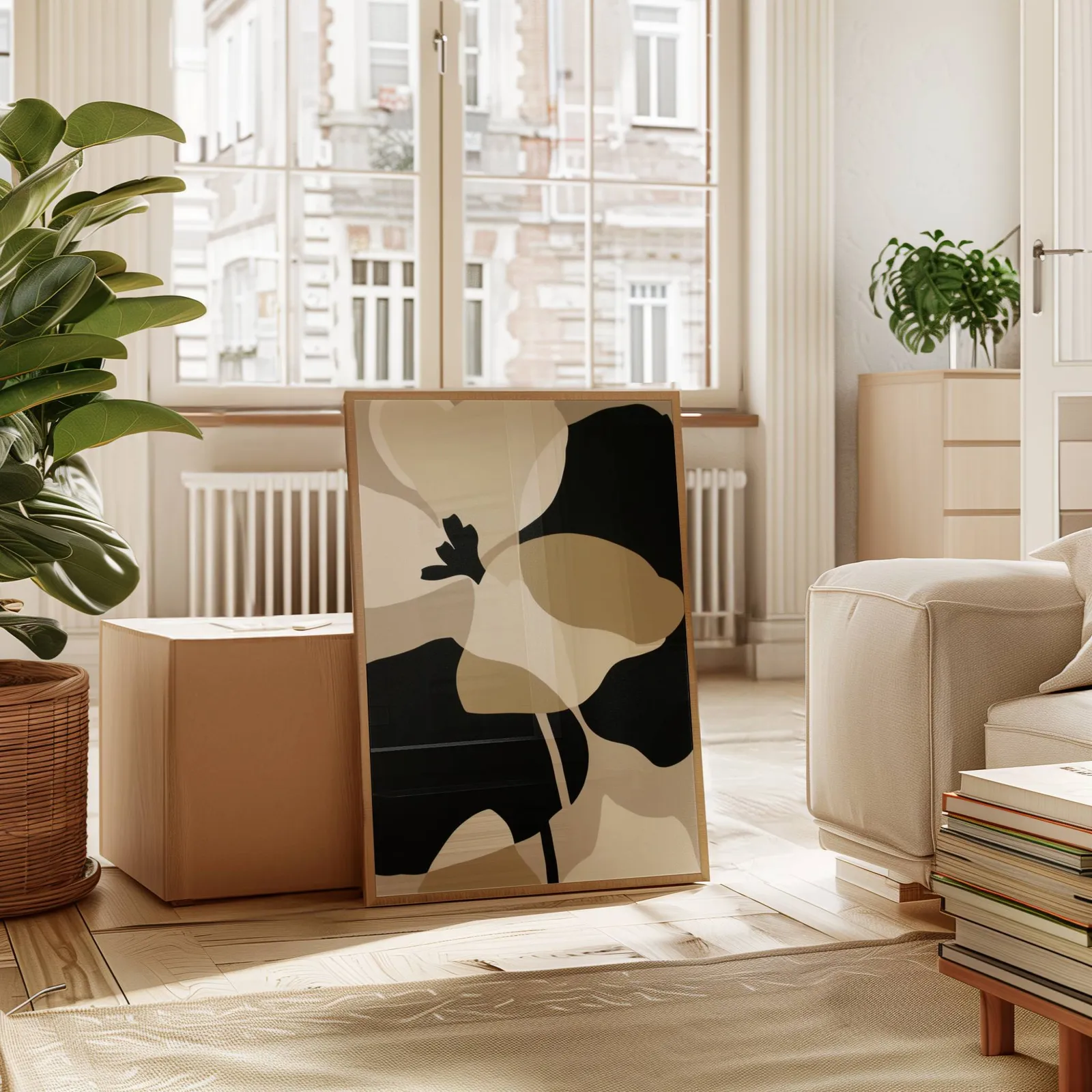 black and beige abstract botanical wall art, leaning against a cardboard box near a tall window radiator