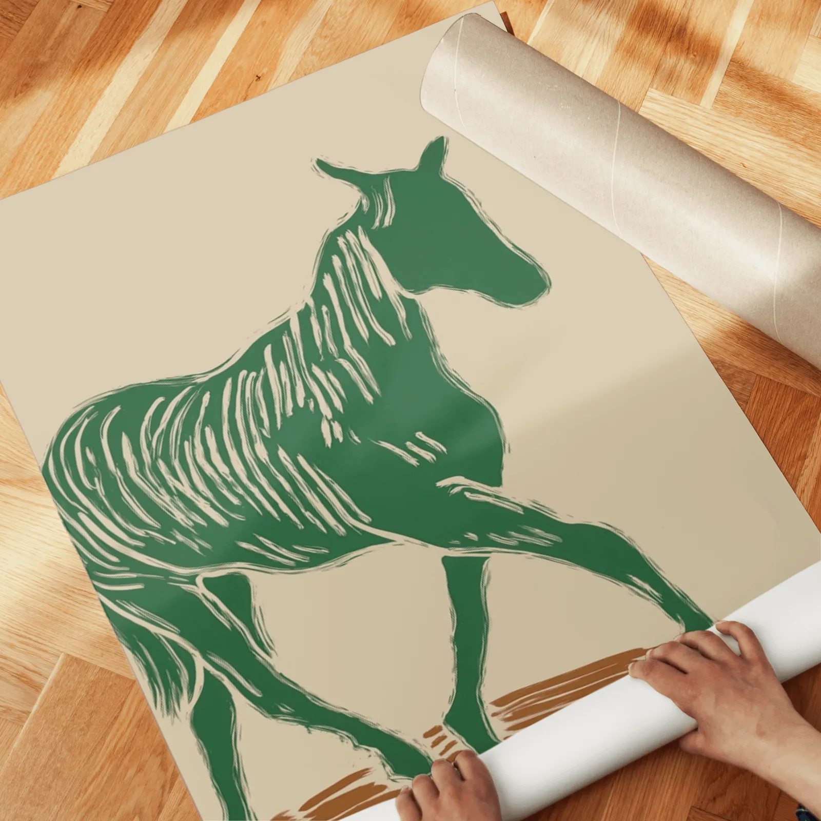 green western boots and horse wall art set, unrolled across a herringbone parquet floor by hand