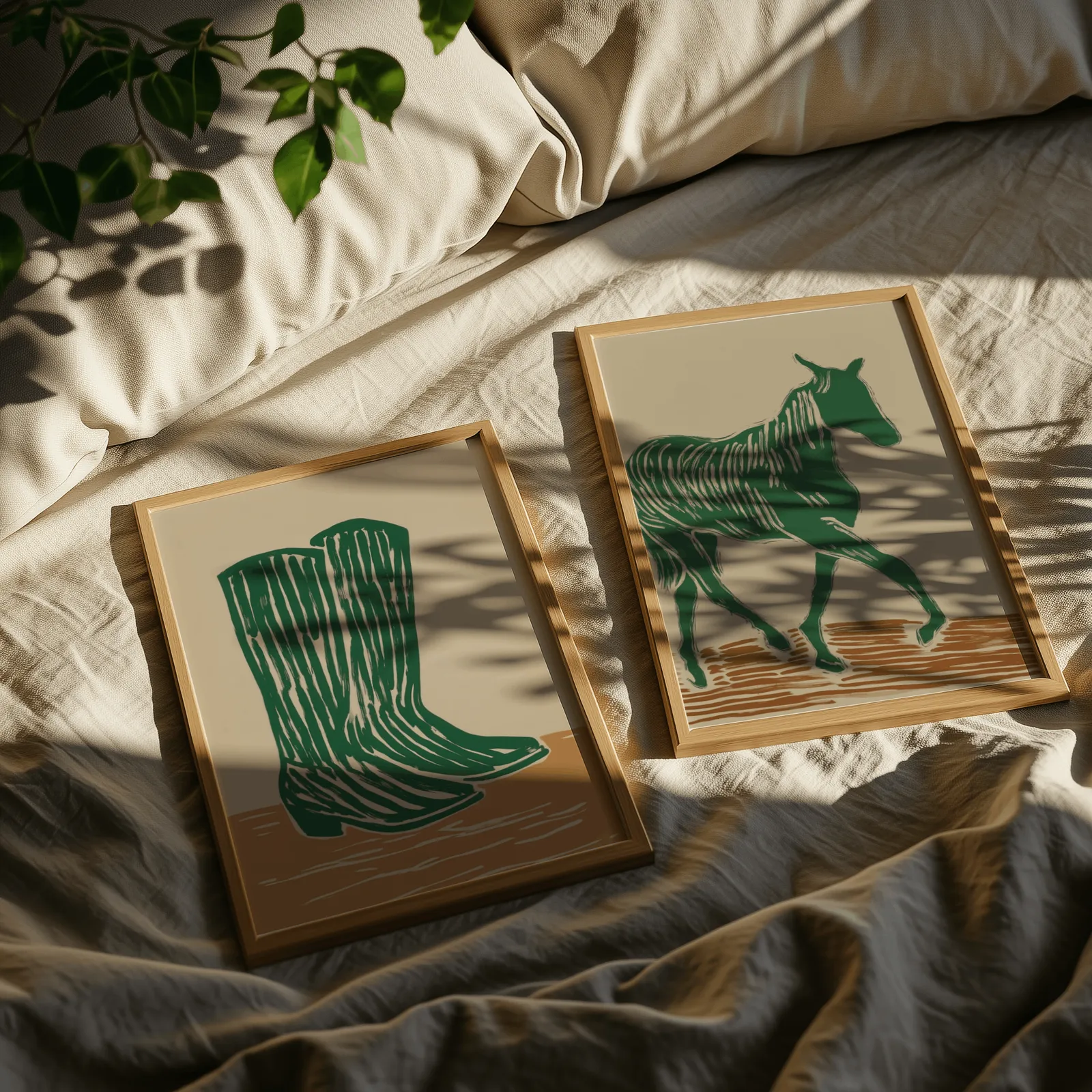 green western boots and horse wall art set, resting on rumpled linen sheets with dappled leaf shadows