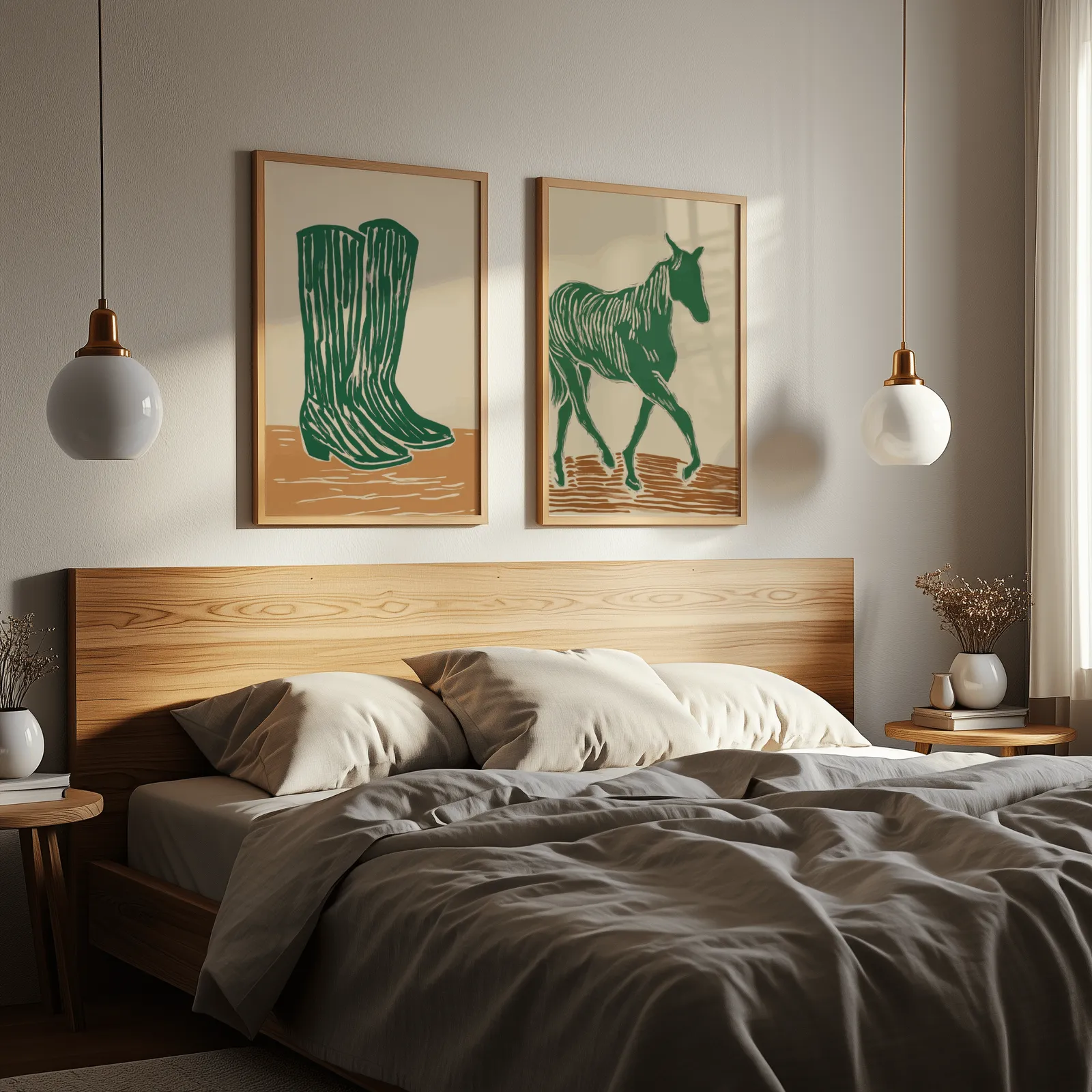green western boots and horse wall art set, above a wooden headboard flanked by globe pendant lights