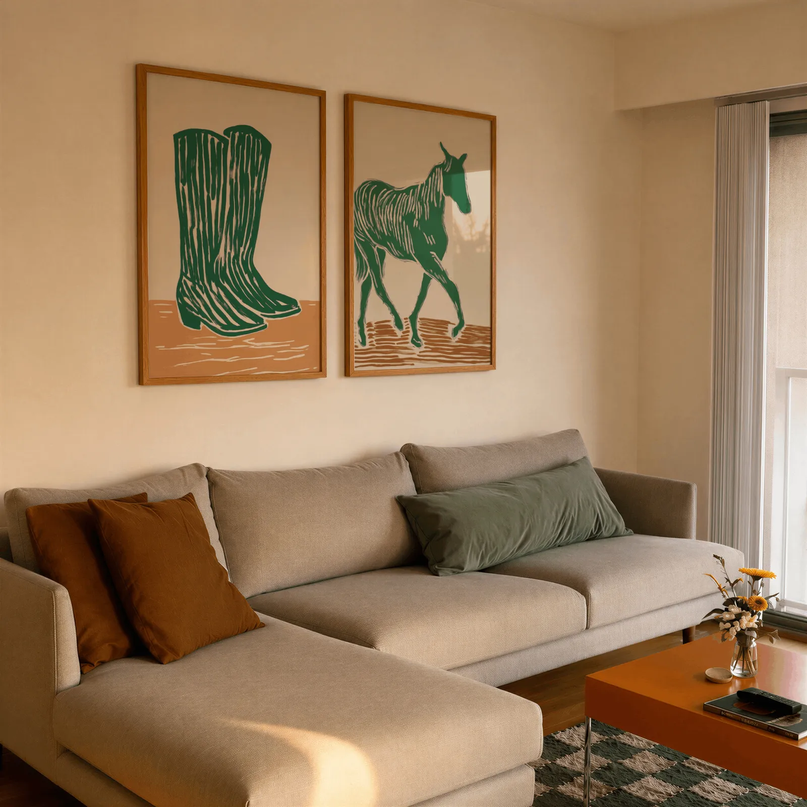 green western boots and horse wall art set, side by side above a beige sectional sofa