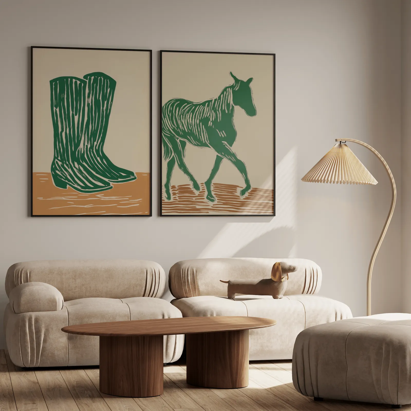 green western boots and horse wall art set, above a plush beige sofa with a pleated lamp nearby