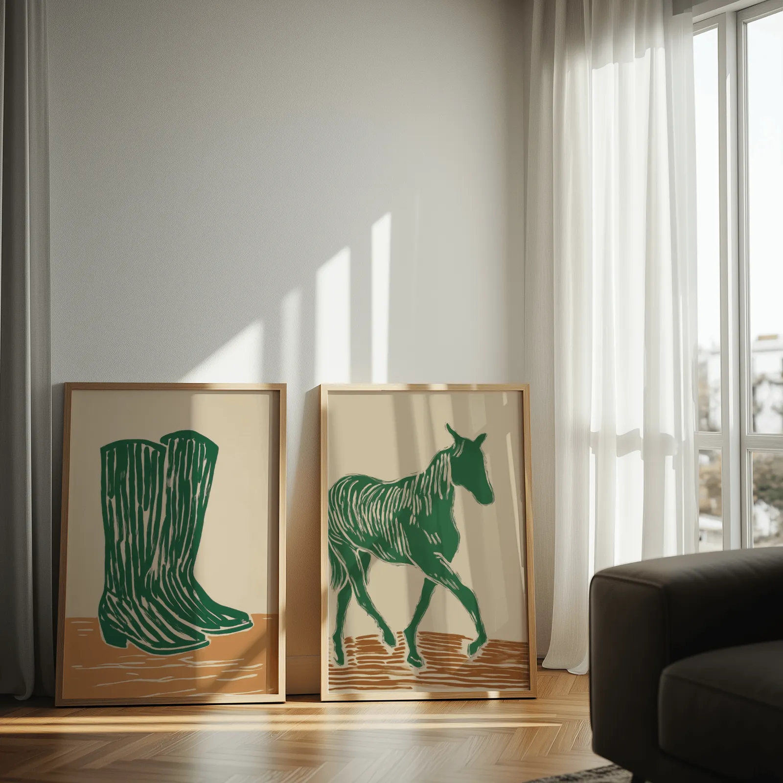 green western boots and horse wall art set, leaning against a sunlit wall by sheer curtains