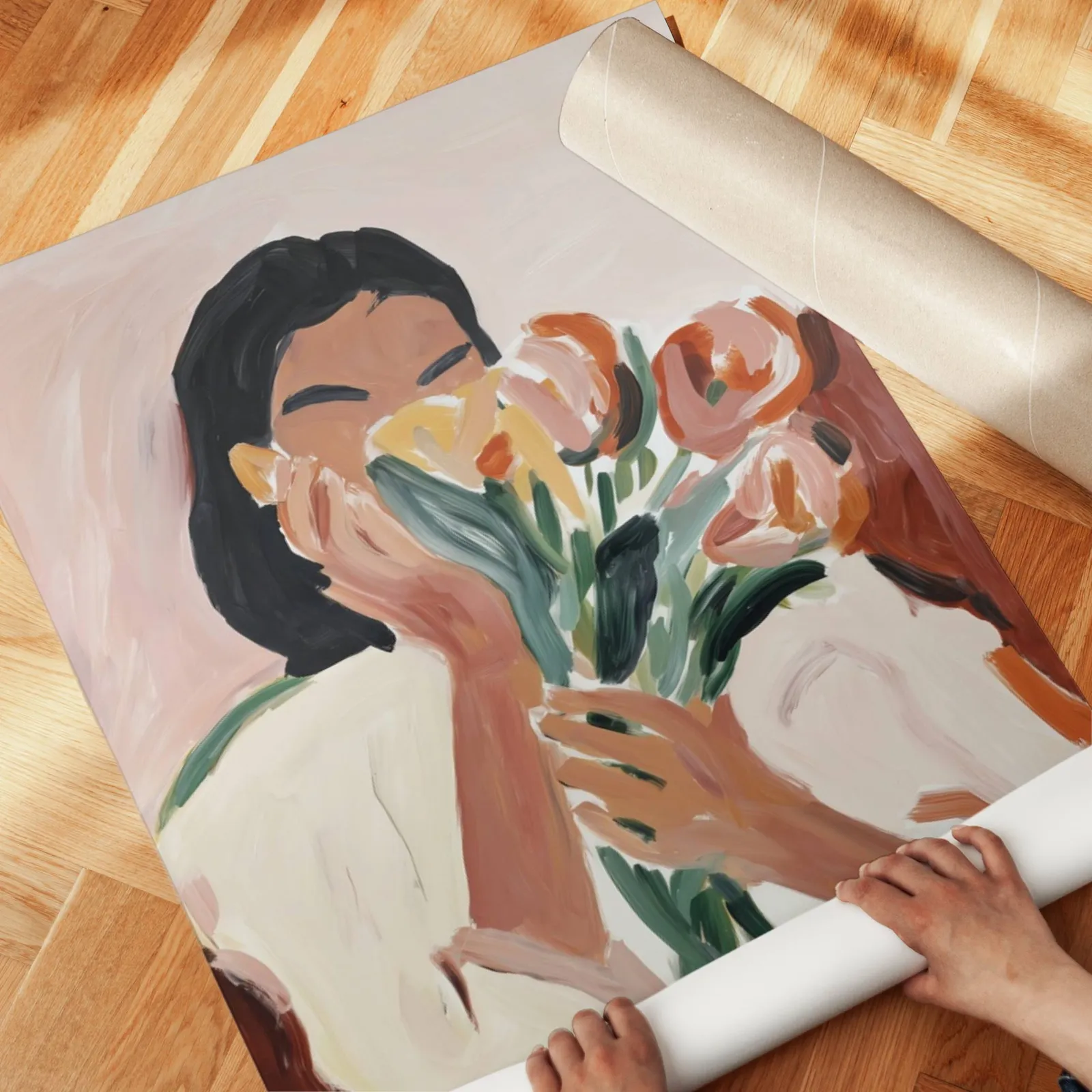 woman holding flowers abstract floral wall art, unrolled across a herringbone parquet floor by hand