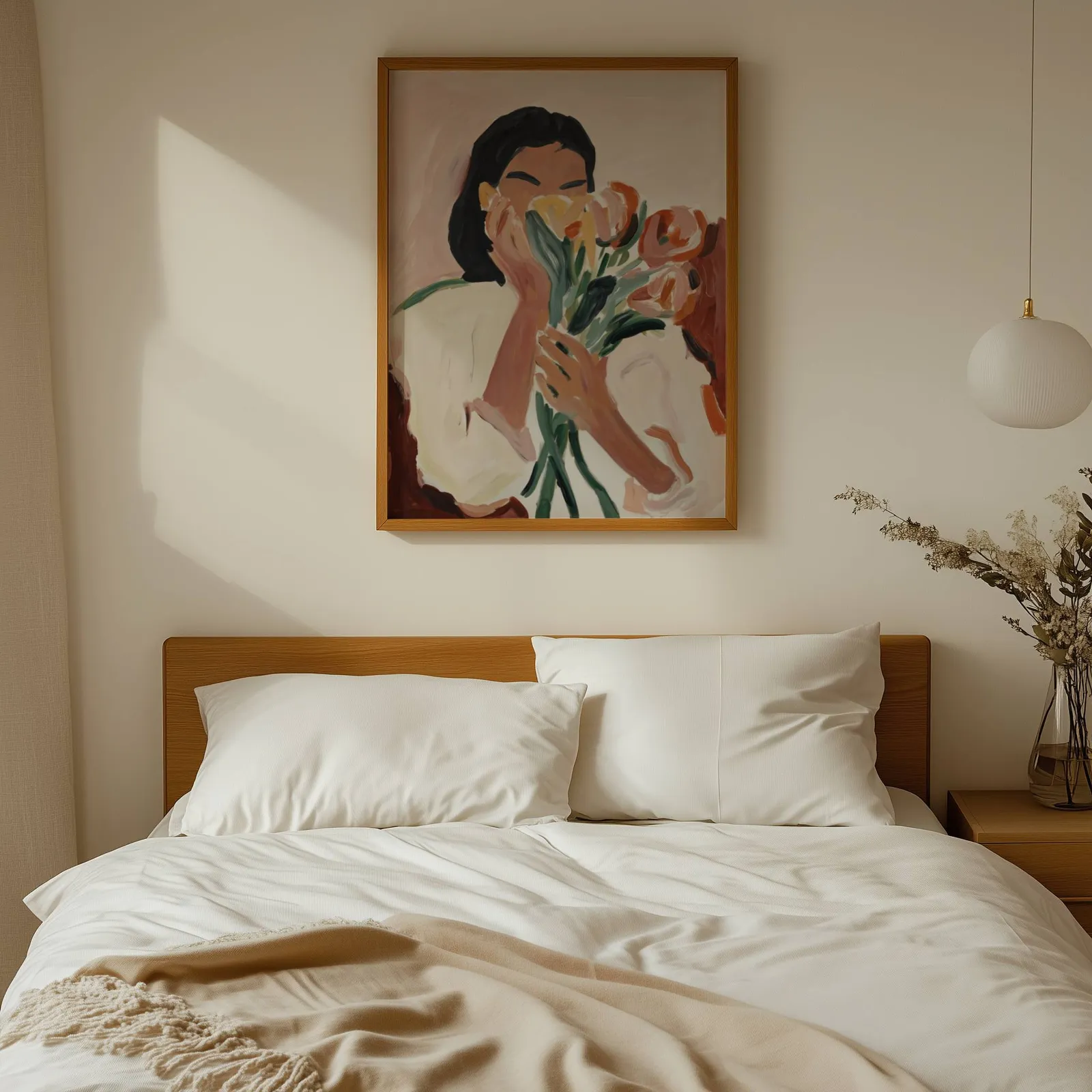 woman holding flowers abstract floral wall art, above a wooden headboard with white linen pillows