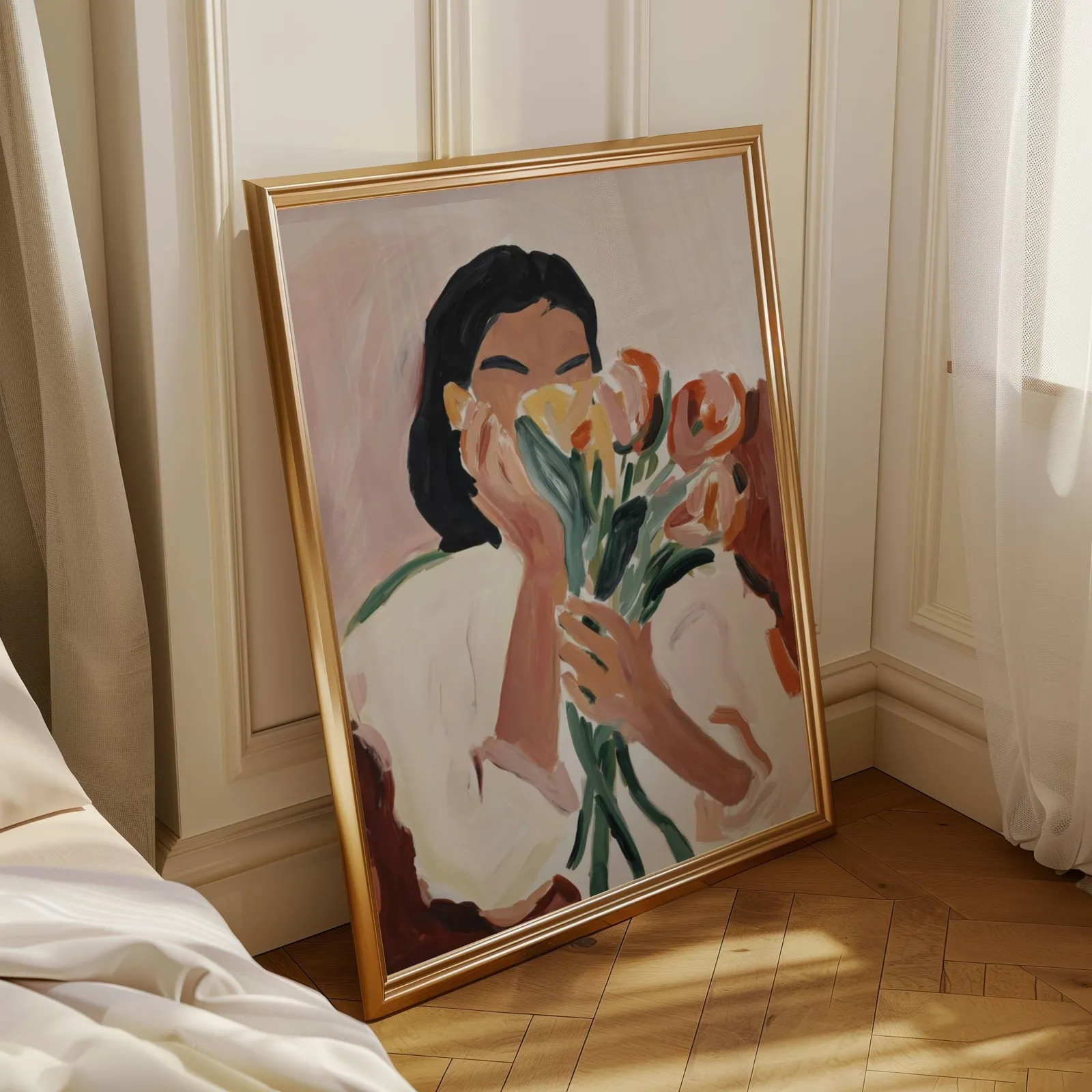 woman holding flowers abstract floral wall art, leaning in a sunlit corner beside sheer curtains and herringbone floor