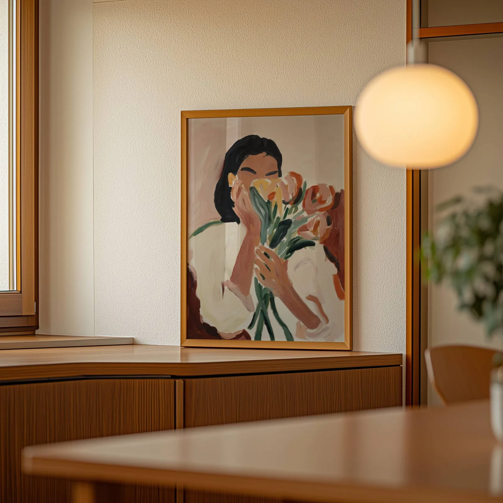 woman holding flowers abstract floral wall art, leaning on a wooden sideboard beside a glowing globe pendant