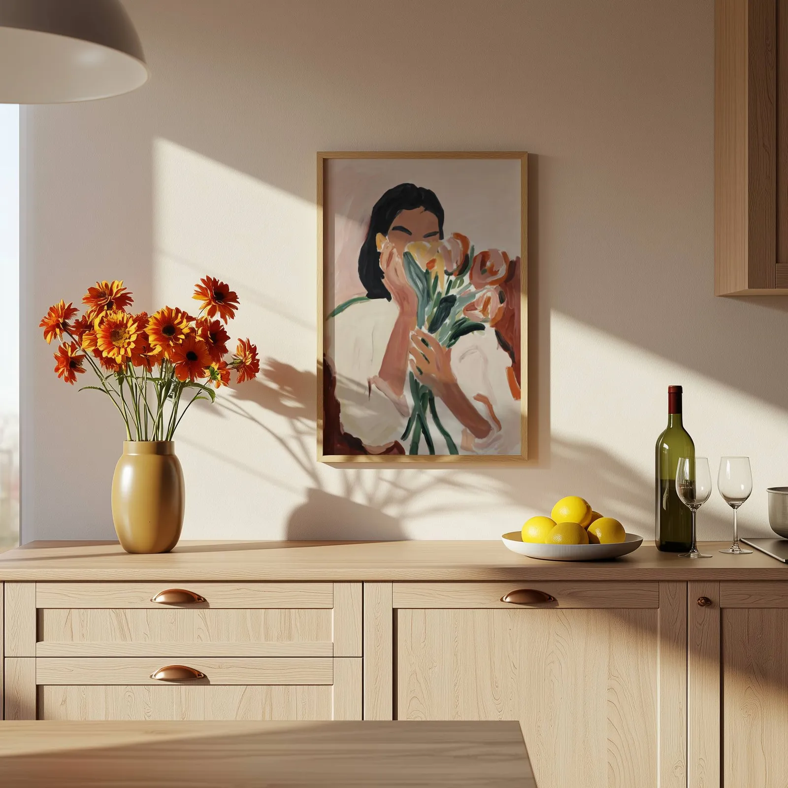 woman holding flowers abstract floral wall art, above a wooden counter with a bowl of lemons