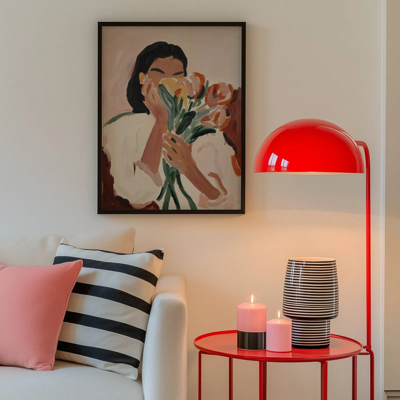 woman holding flowers abstract floral wall art, above a cream sofa beside a glossy red dome lamp