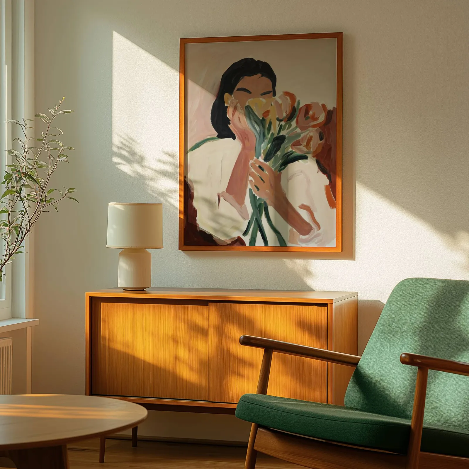 woman holding flowers abstract floral wall art, above a wooden sideboard with a ceramic lamp and dappled sunlight