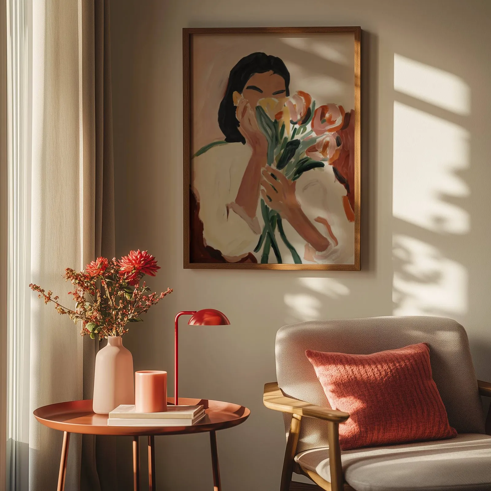 woman holding flowers abstract floral wall art, above a round side table with a red lamp and dahlias