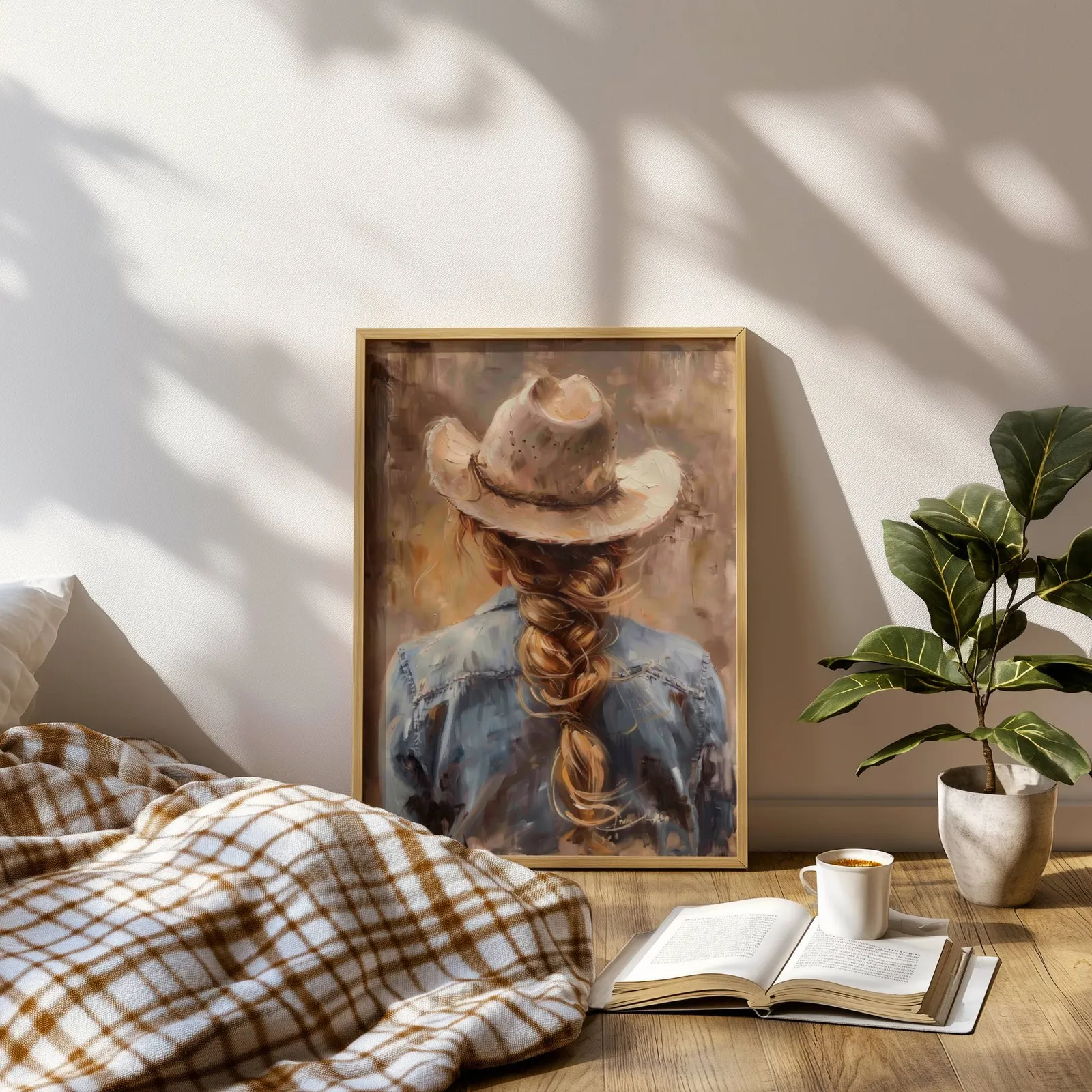 cowgirl western portrait wall art, leaning on a sunlit floor beside a plaid blanket and open book